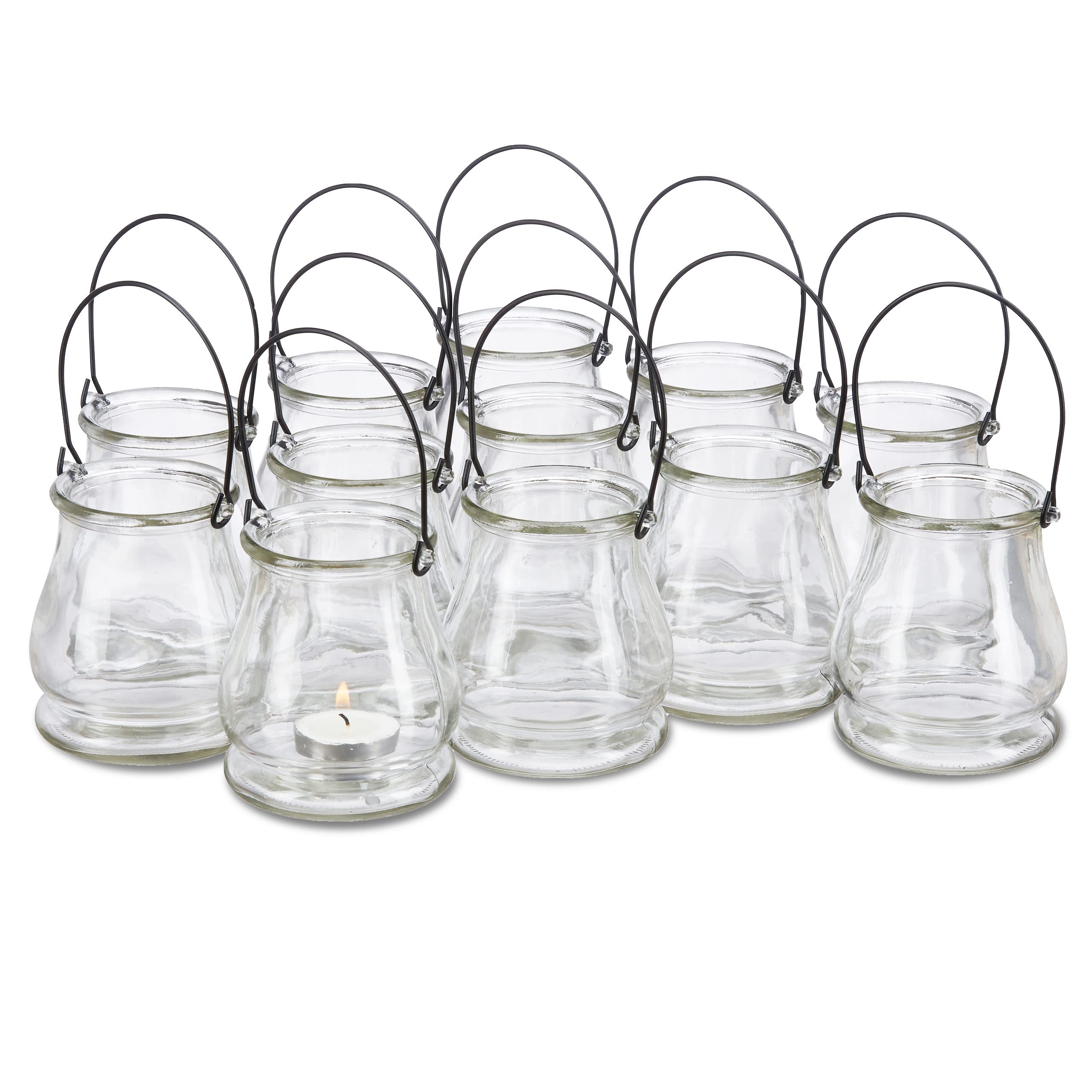 Photophore en Verre, Lot de 24, Petit Vase Rond avec Anse, déco de Table intérieure et extérieure, Transparent