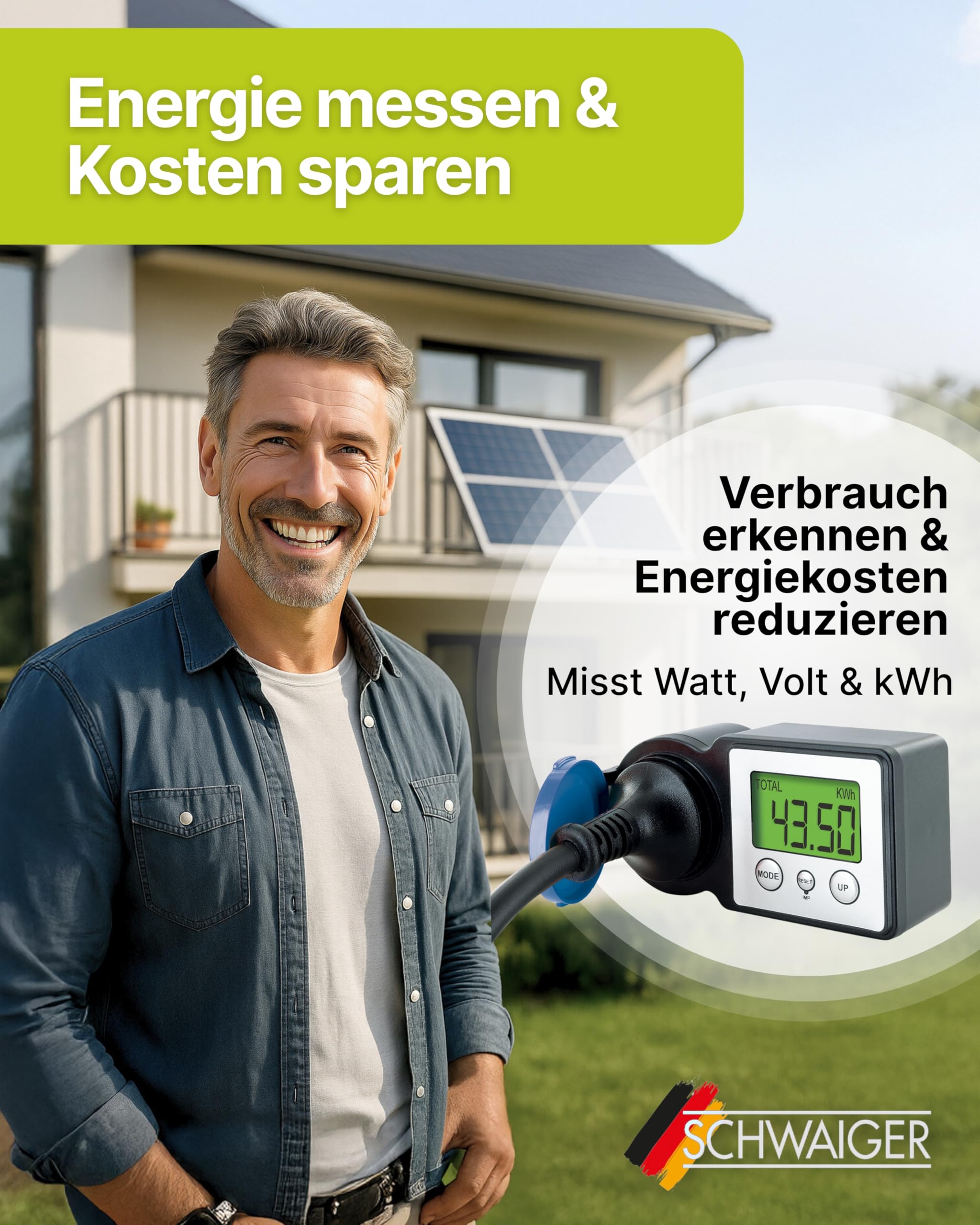 SCHWAIGER Energiekostenmessgerät & Einspeisemessgerät I Outdoor geeignet & beleuchtet I Stromzähler für die Steckdose I Strommessgerät zur Ermittlung des Stromverbrauchs & der Einspeisung