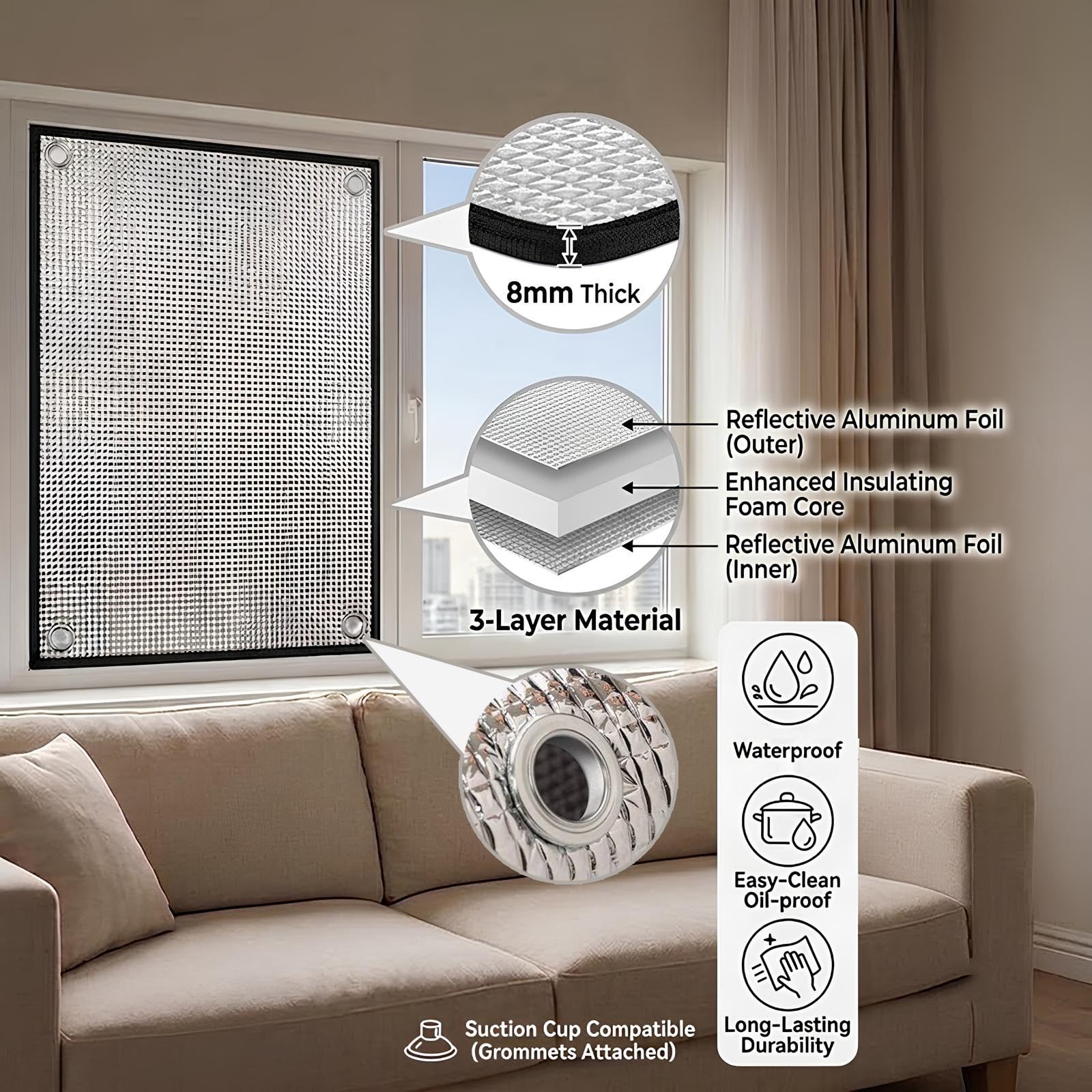 30 40 50 60 70 80cm Film Isolation Thermique en Aluminium Réfléchissant pour Fenêtre avec Ventouse 8mm Réutilisable Panneau de Protection Solaire Anti Chaleur