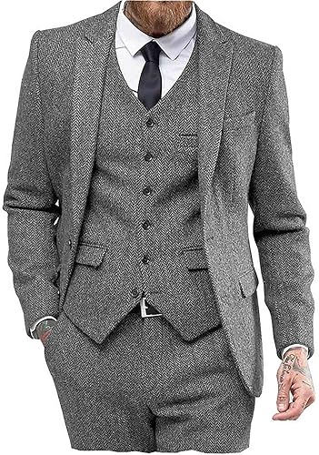 Mens Tweed Herringbone Wedding Suit Prom Tuxedos 3 Piece Peak