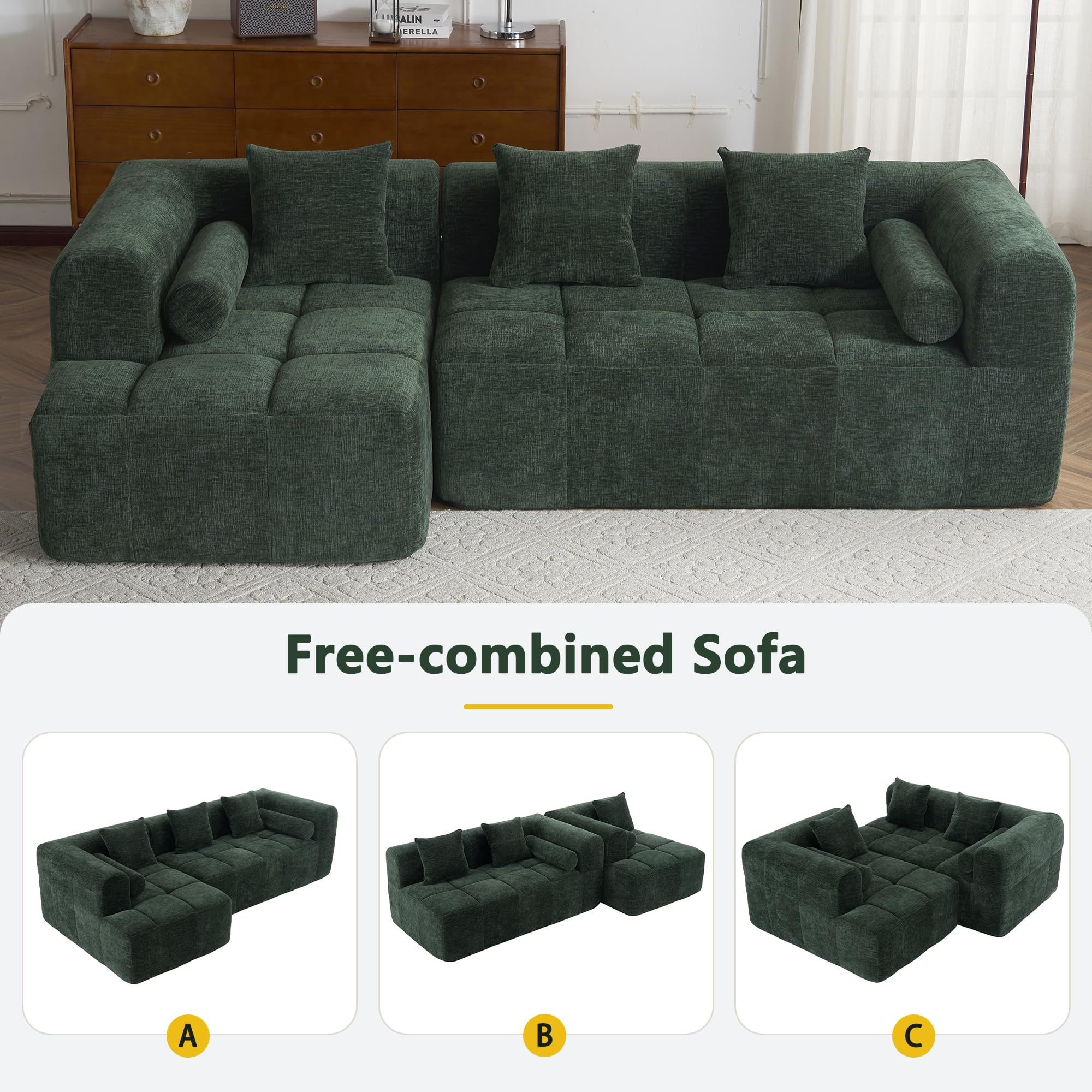 Brabrety 101.2" Sectional Sofa Full-Compressed Sofa Modular Sofa Couch Free-Combined with Deep Seating and Two Side Pockets for Living Room (Green@90)