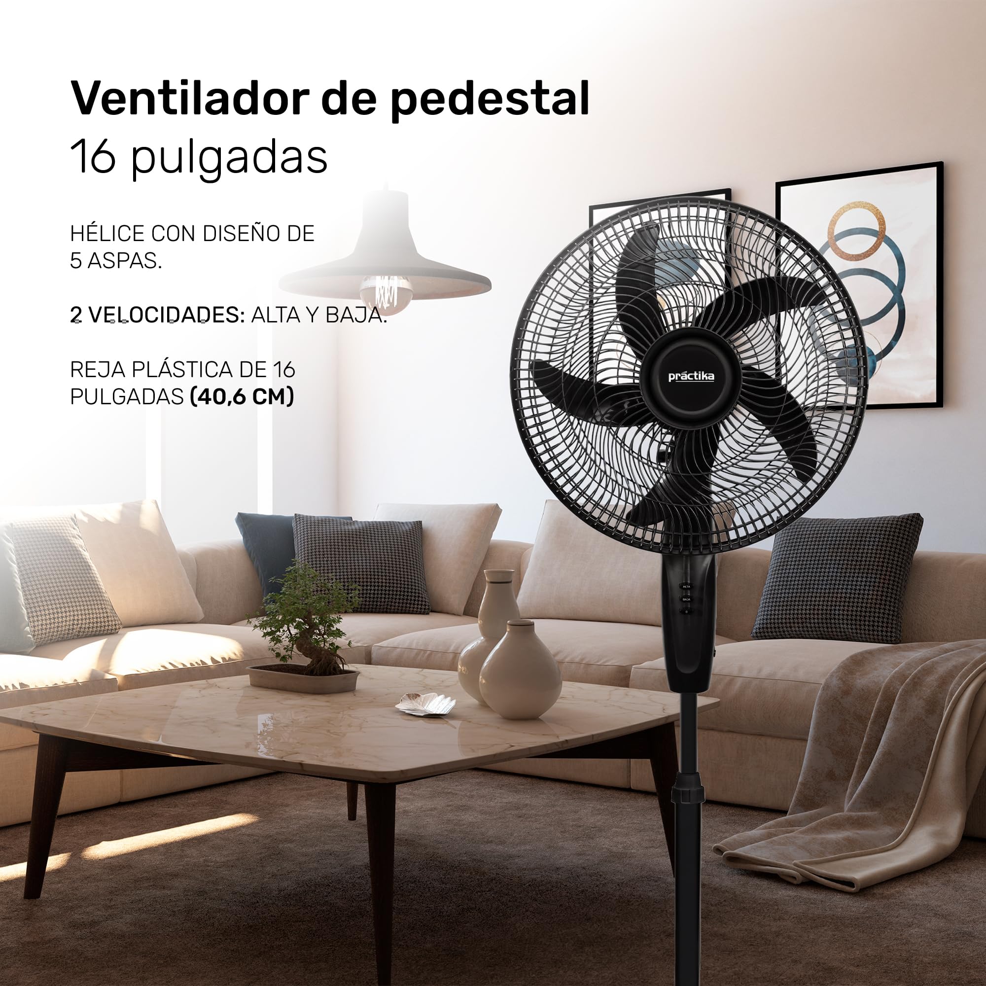 Practika Ventilatore a piedistallo da 16 pollici, 2 velocità, pratico e versatile, Crociera in metallo, altezza regolabile