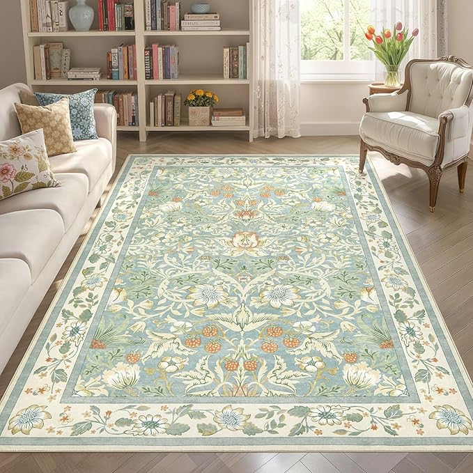 Tortania Area Rug Living Room Rugs - 5x7 Washable Boho Rug Vintage Oriental Distressed Farmhouse Large Thin Indoor Carpet for Living Room Bedroom Under Dining Table Home Office - Light Green