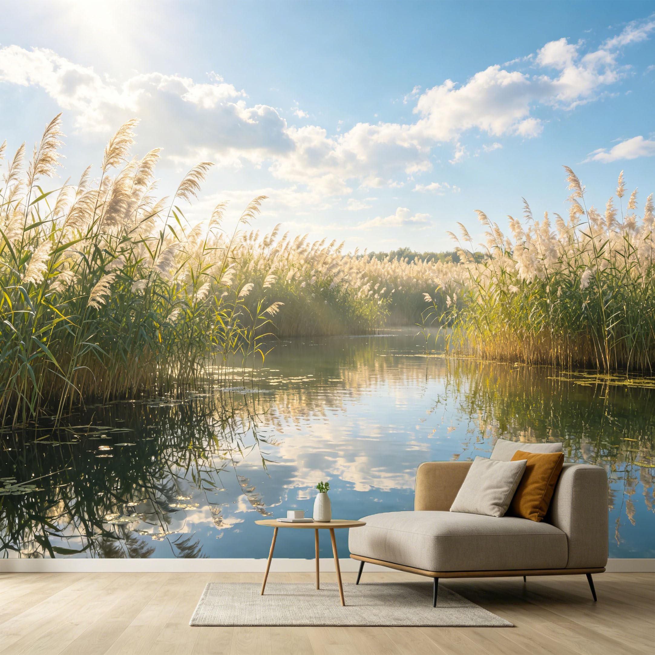 Custom Size Wall Murals Lake Landscape Botanical Nature Scenery Reed Plants Sunlight Reflection SelfAdhesive Wall Fabric Removable Large Wallpaper Photo for Living Room