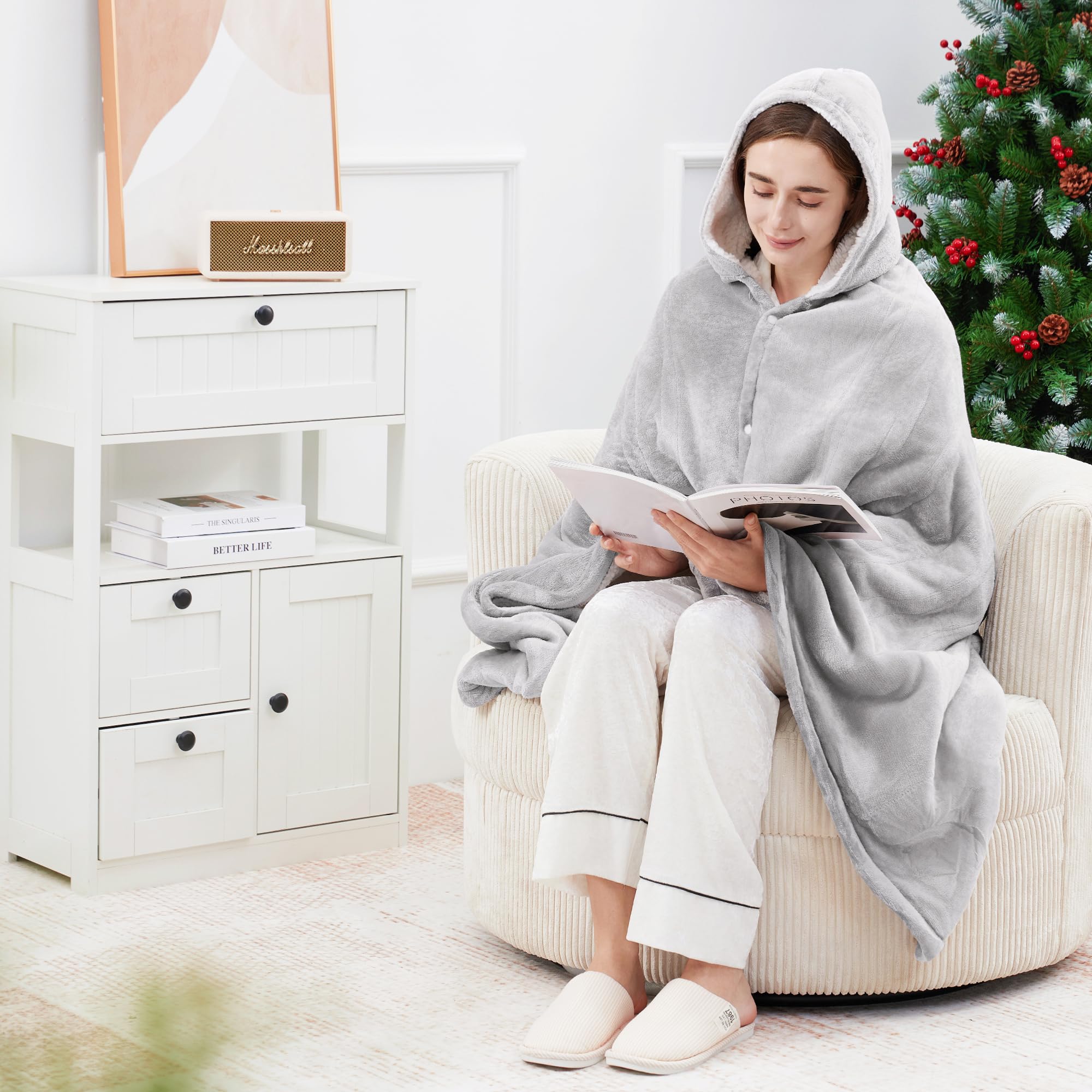 YILOTE Electric Blanket Wearable Throw - Robe with Sleeves and Foot Pockets - 7-Level Heating Auto-Off Blanket for Adults: Light Grey 40*70