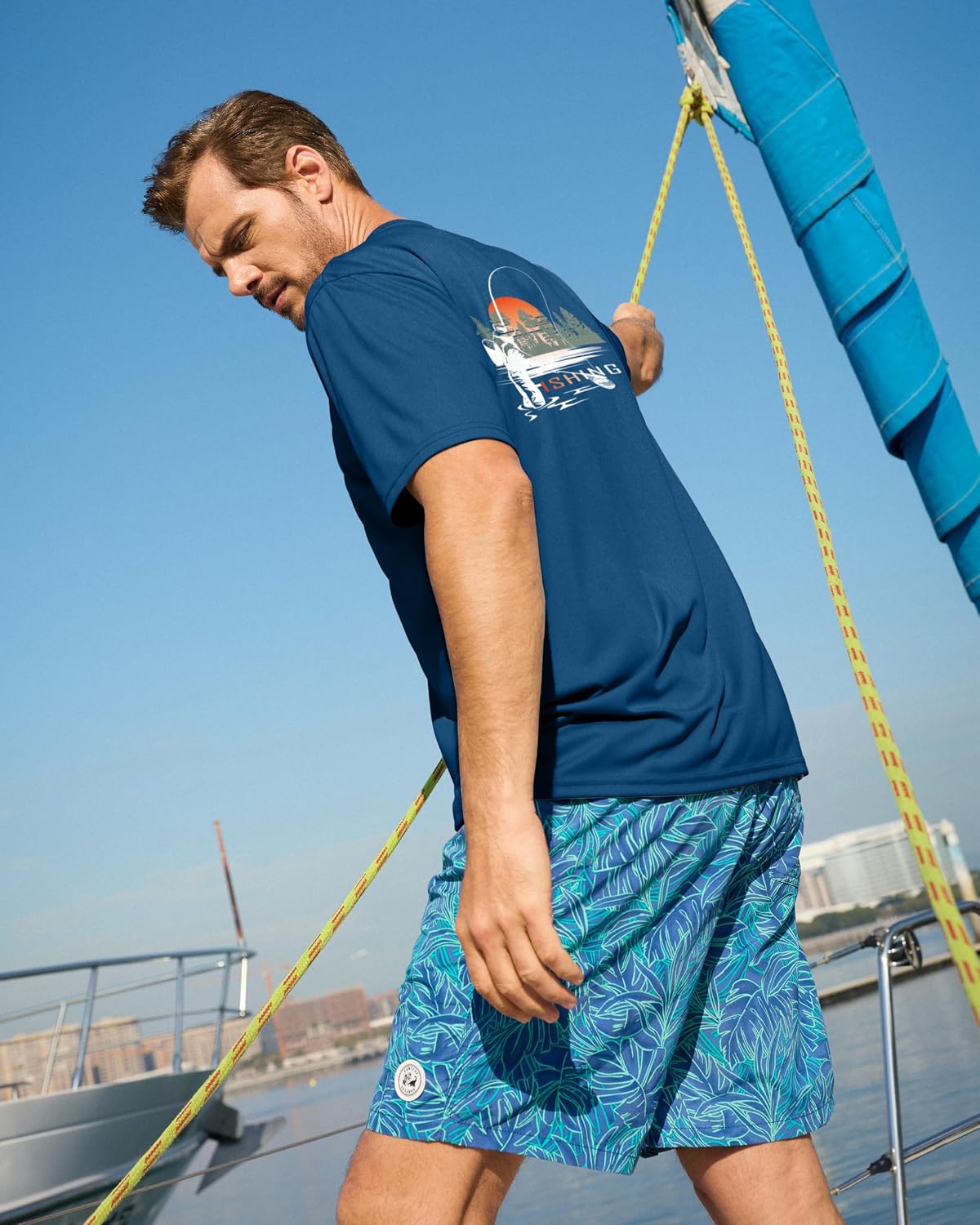 Pudolla Men's Fishing Swim Graphic Shirts Short Sleeve Sun Protection UV UPF 50+ SPF Tee Quick Dry Lightweight Water Tops
