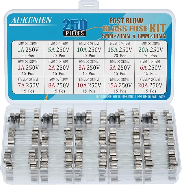 AUKENIEN 15 Values 250pcs Fast Blow Glass Fuses Assortment Kit 5x20mm 1A 5A 10A 15A 20A 250V 6x30mm 1A 2A 3A 5A 6A 7A 8A 10A 15A 20A 250 Volt Quick Blow Round Glass Tube Fuse Assorted Kit