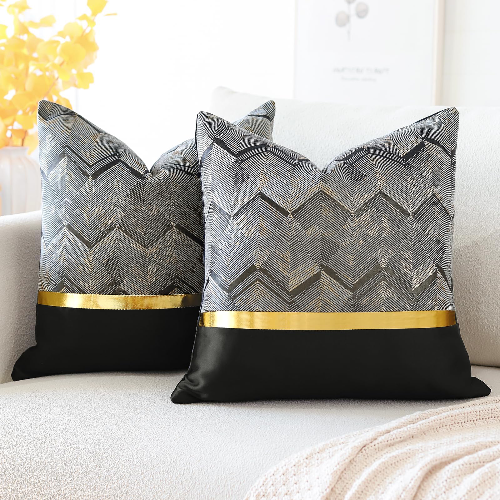 Artscope Set of 2 Cushion Covers for Bed, Sofa, Car, Decorative Luxury Modern Minimalist Gold Leather with Wave Stitching and Stripes, 45 x 45 cm (Black)