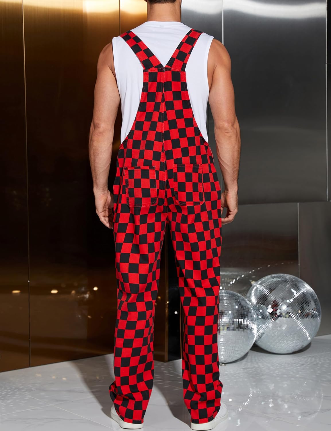 Odefou Checkered Pants Mens Overalls Bib Coveralls Cute Stretch Jeans Jumpsuit