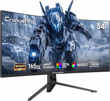 CronusPro 34 Inch Ultrawide Curved Gaming Monitor, UWQHD 3440x1440, 165Hz | 1ms MPRT, 1500R, 21:9 VA panel, 4000:1, 127% sRGB, FreeSync, HDMI 2.0, DisplayPort, HDR, VESA 100x100mm, Black, 0ffice, Game