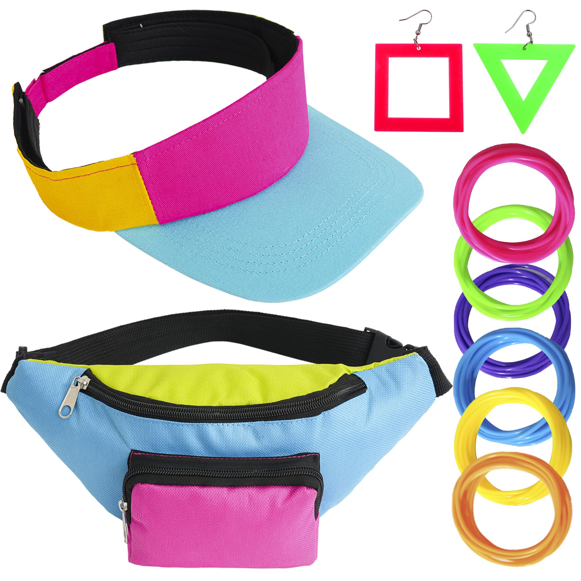 Peirich Hip Hop Costume for Women 80s 90s Outfit Neon Fanny Pack Hat Adjustable Waist Bag, Bracelet, Earrings for Retro 80s 90s Party