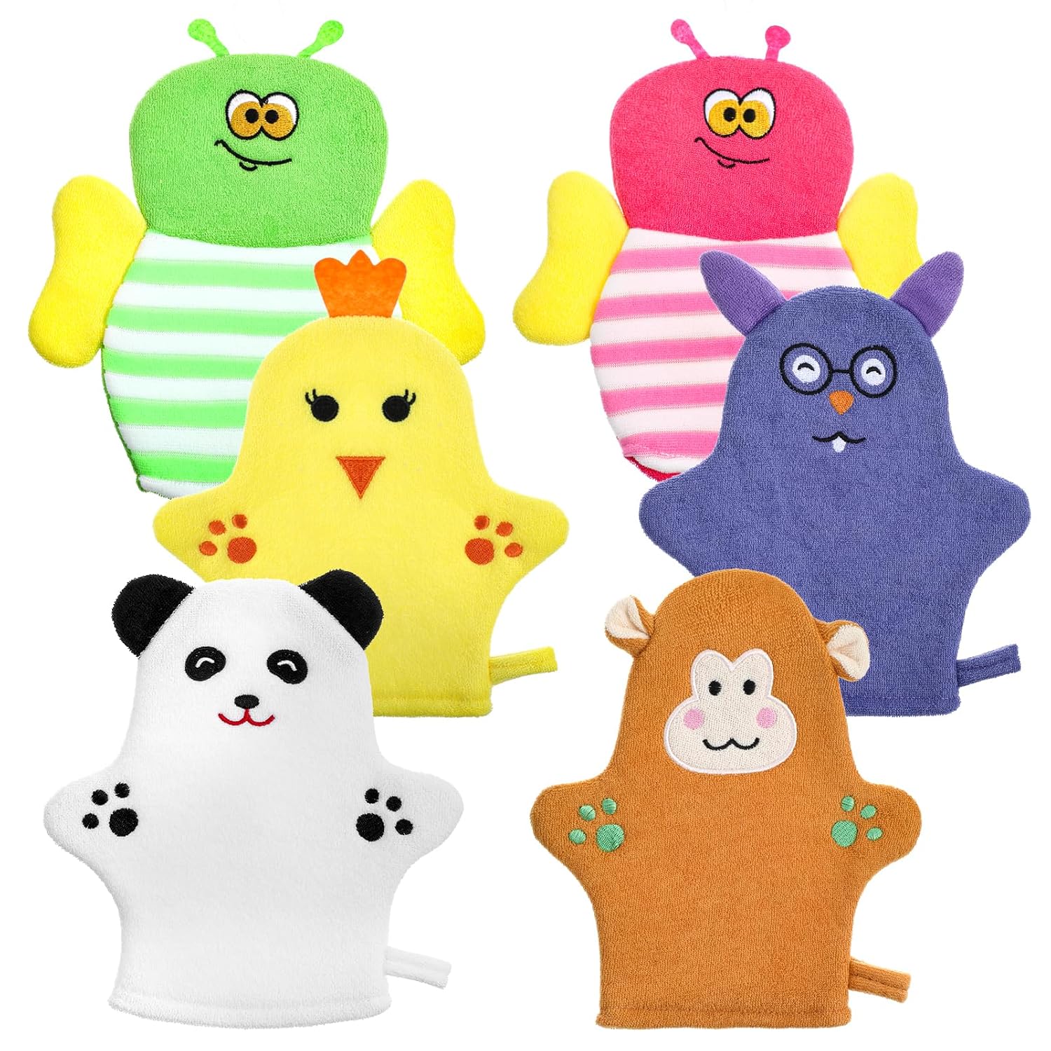6PCS Baby Bath Mitt Washcloths Gloves 8.5x6.4 inch Soft Face Washcloths for Kids Shower Cute Animal Style Baby Mittens Bath Towel Toddler Wash Cloths Infant Scrubber Bathing Loofah Gloves