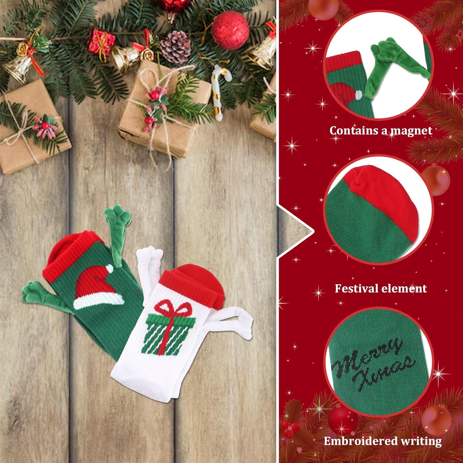 Hying Christmas Holding Hands Socks Christmas Funny Magnetic Socks Winter Xmas Magnetic Hand Holding Socks for Family - Image 5