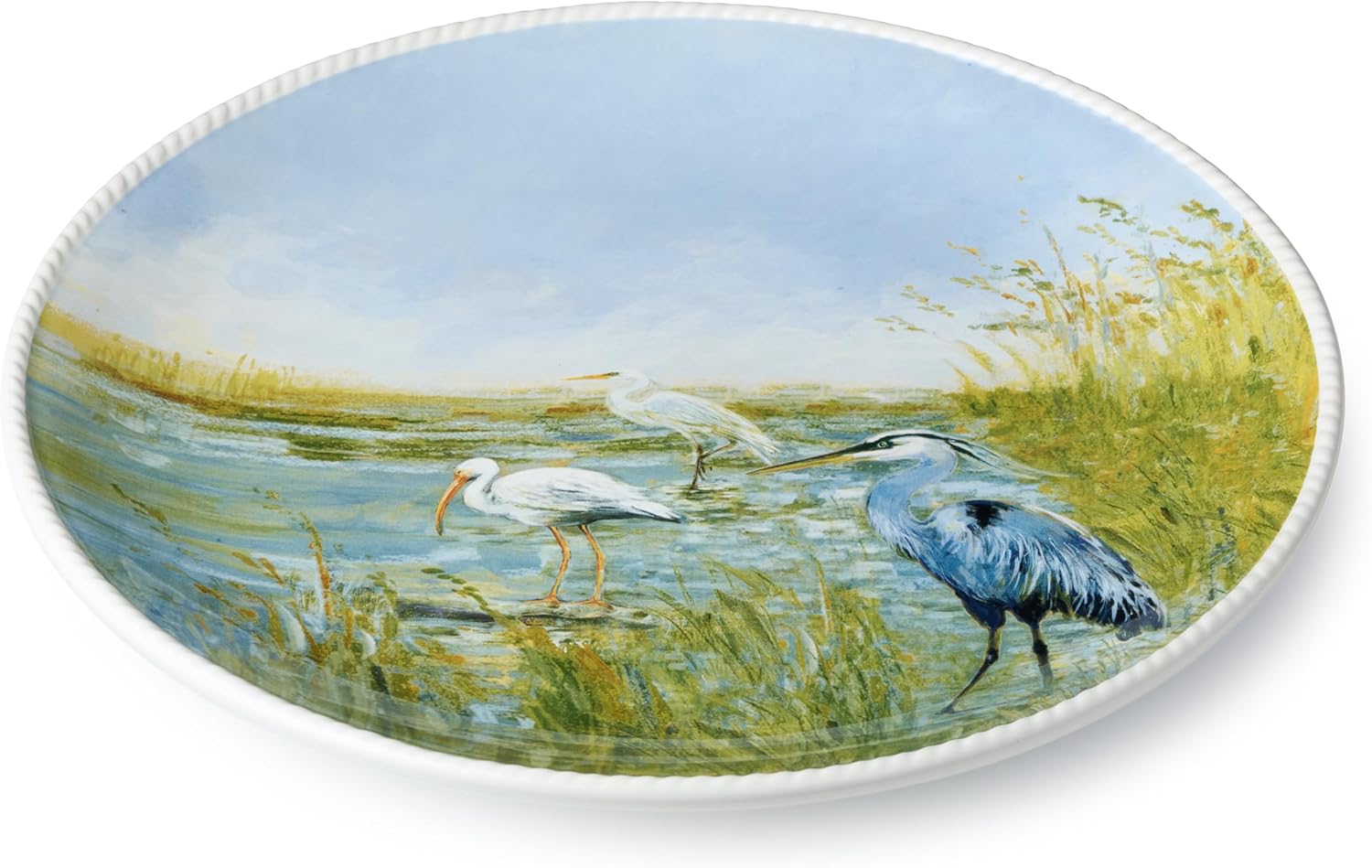 Coastal Birds 13-Inch ROUND PLATTER, ceramic artist-designed Wetland Birds Serving Platter, Blue Sky Marsh Scene, Dishwasher Safe Coastal Entertaining Plate