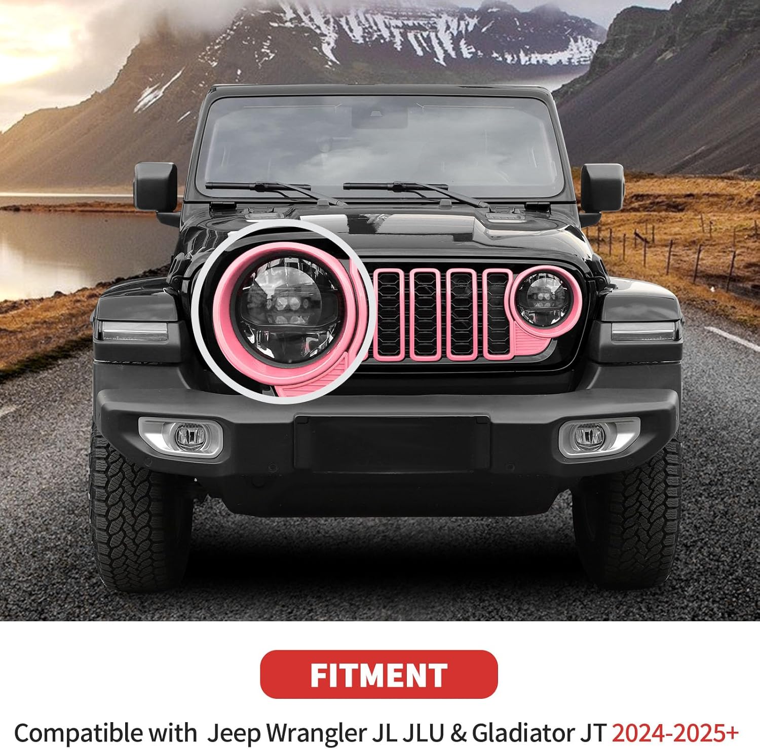 Front Grill Insert+Headlight Turn Light Cover Compatible with 2024-2026+ Jeep Wrangler JL JLU & Gladiator JT Exterior Accessories,Not Fit for JL Sport & Sports (Pink)