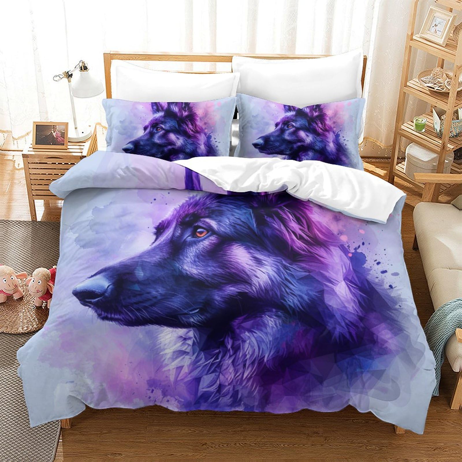 Housse de couette Chien Berger Allemand 260x220 parure de lit 3 pièces microfbre