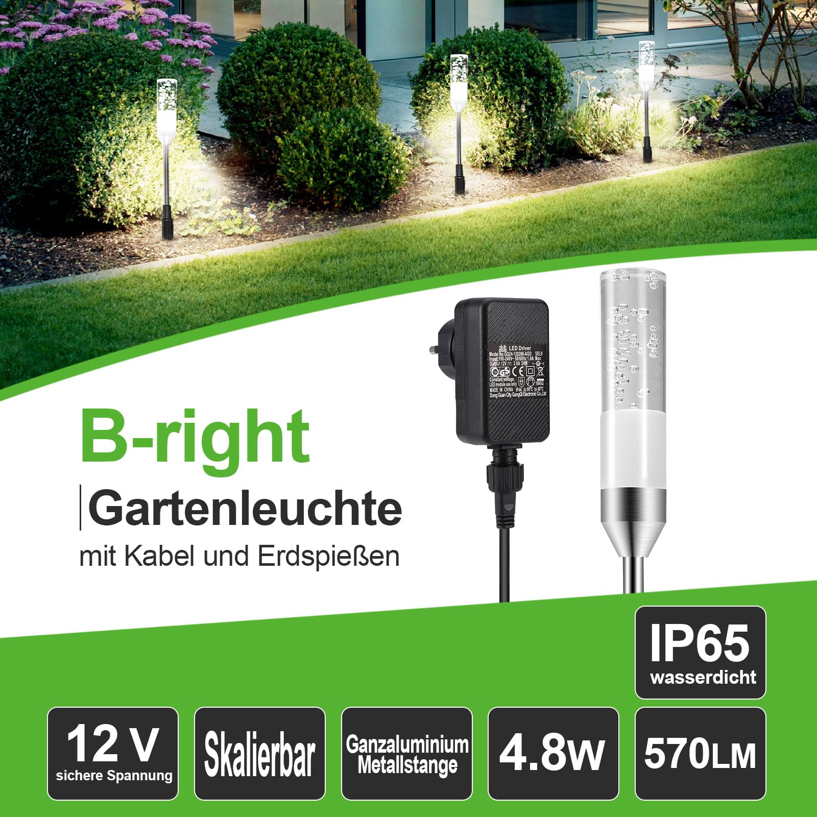 B-right Oświetlenie ogrodowe, 6-częściowy zestaw lamp ogrodowych z kolcami do wbijania w ziemię, lampa zewnętrzna z wtyczką, lampa ścieżkowa do ogrodu z kablem, zimna biel, 360 lm, 6000 K, IP65
