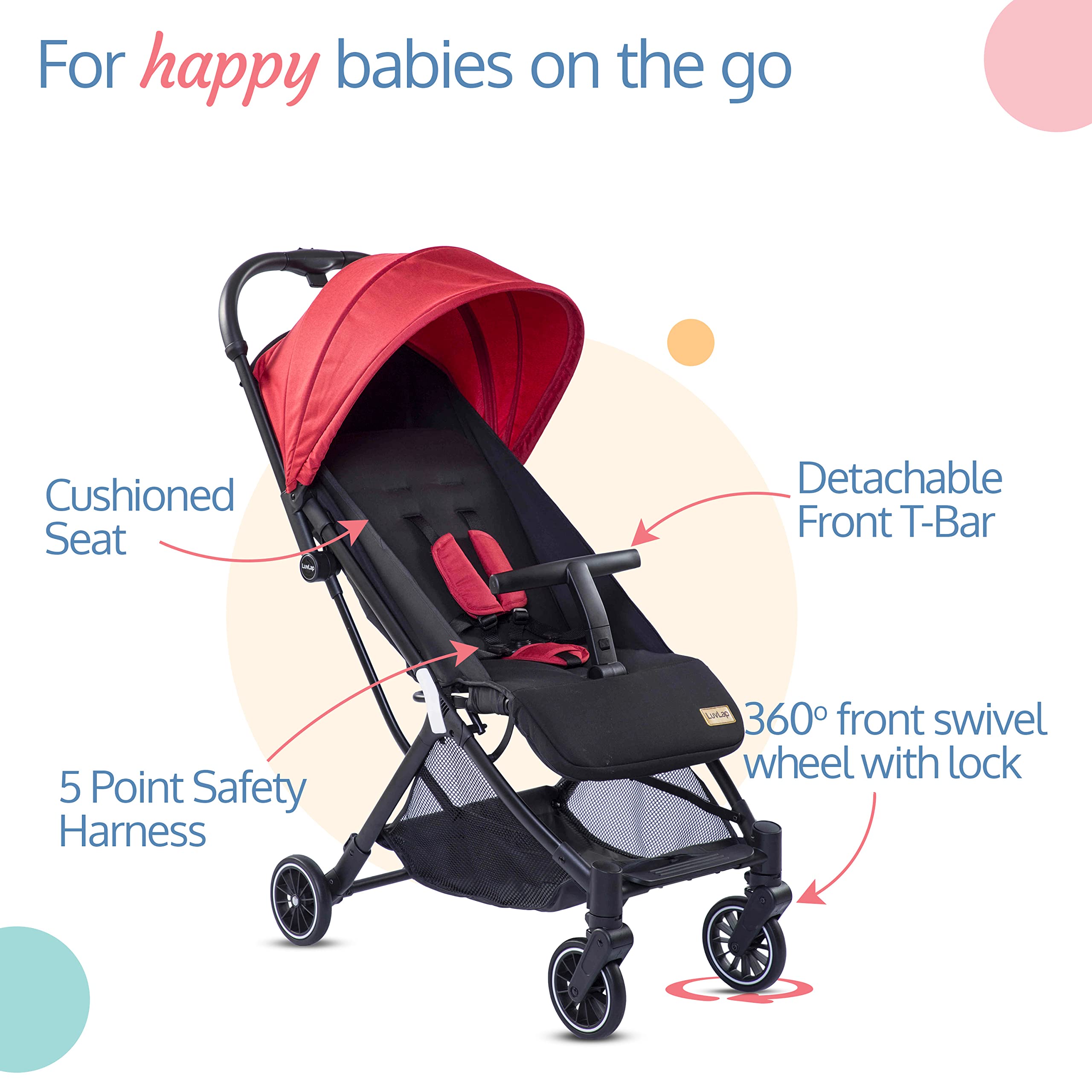 LuvLap Urbane Baby Stroller/Pram for Baby with 5 Point Safety Harness, Easy Fold, Air TravelFriendly Compact Design, Multi-Level seat Recline, Lightweight Stroller, 6 Months to 3 Years(Red &Black)