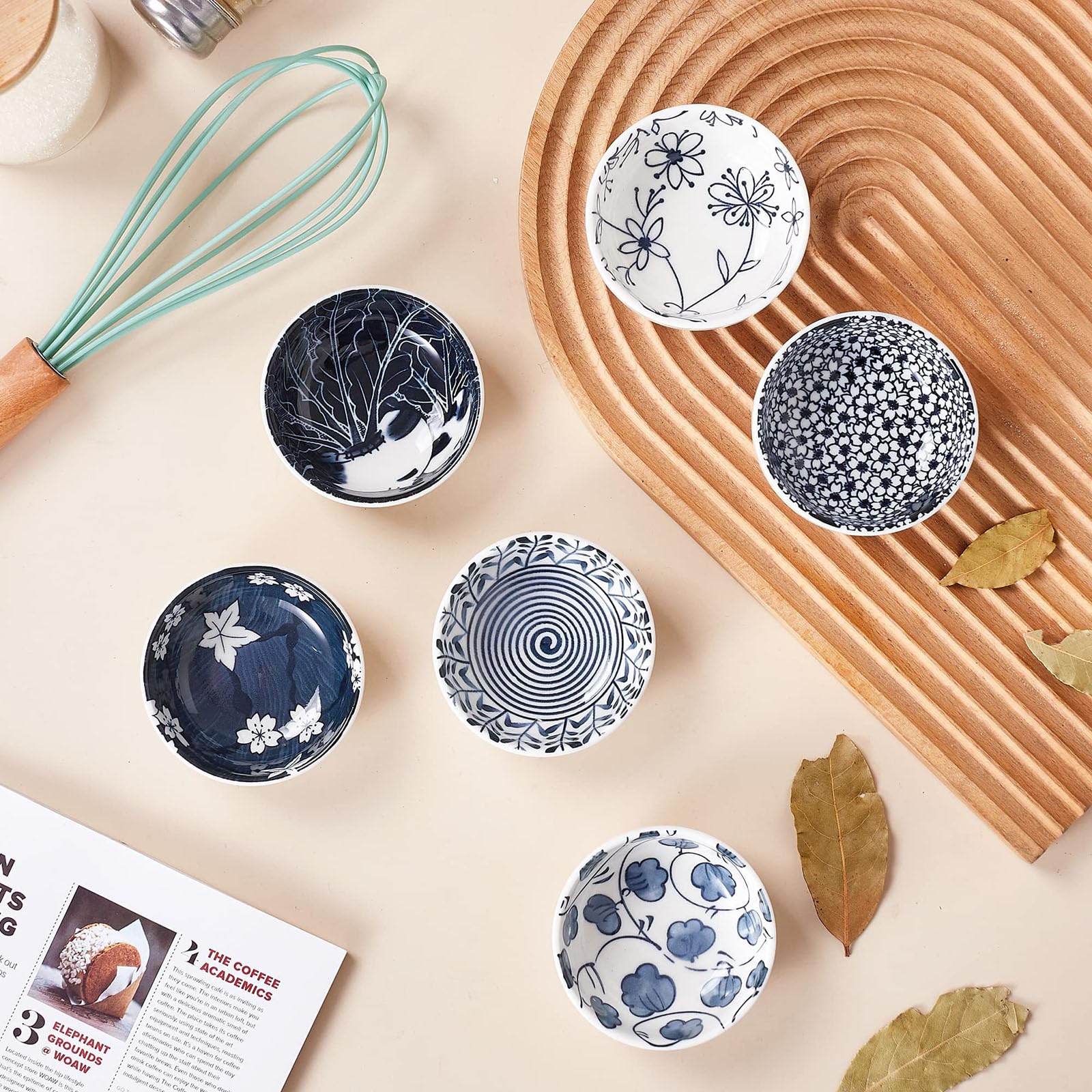 Vaisselle Japonaise Lot De 6 Bols à Sauce Céramique 7.6cm - Bols Assortis Bleu Blanc Pour Sushis, Sauces Et Condiments Petits Bols Empilables Cuisine