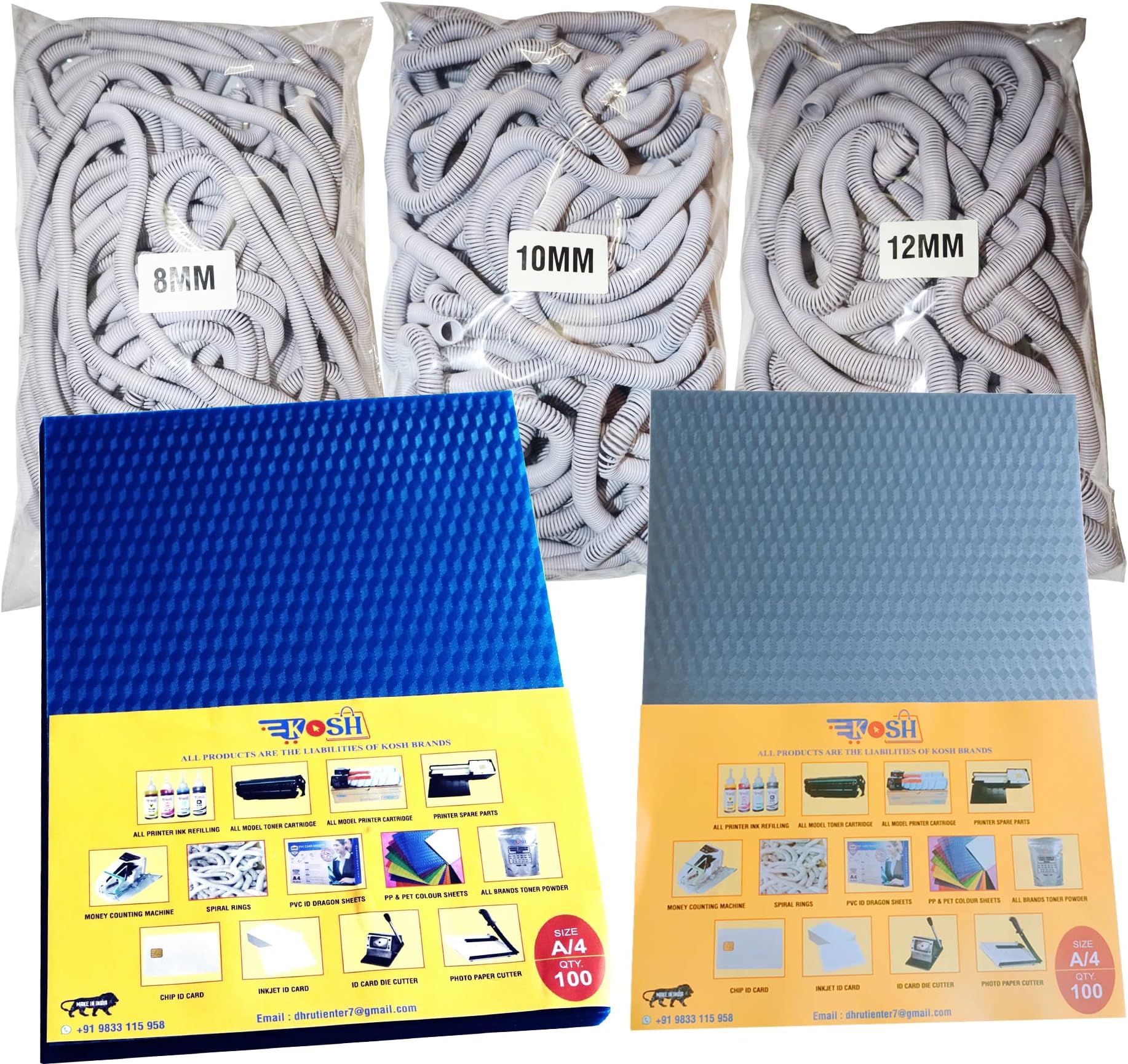 Kosh Combo Pack for A/4 Spiral Binding Sheet 2 Packet with Spiral Binding White Ring 3 Packet(Ring Size 8mm, 10mm,12mm)-2Kg