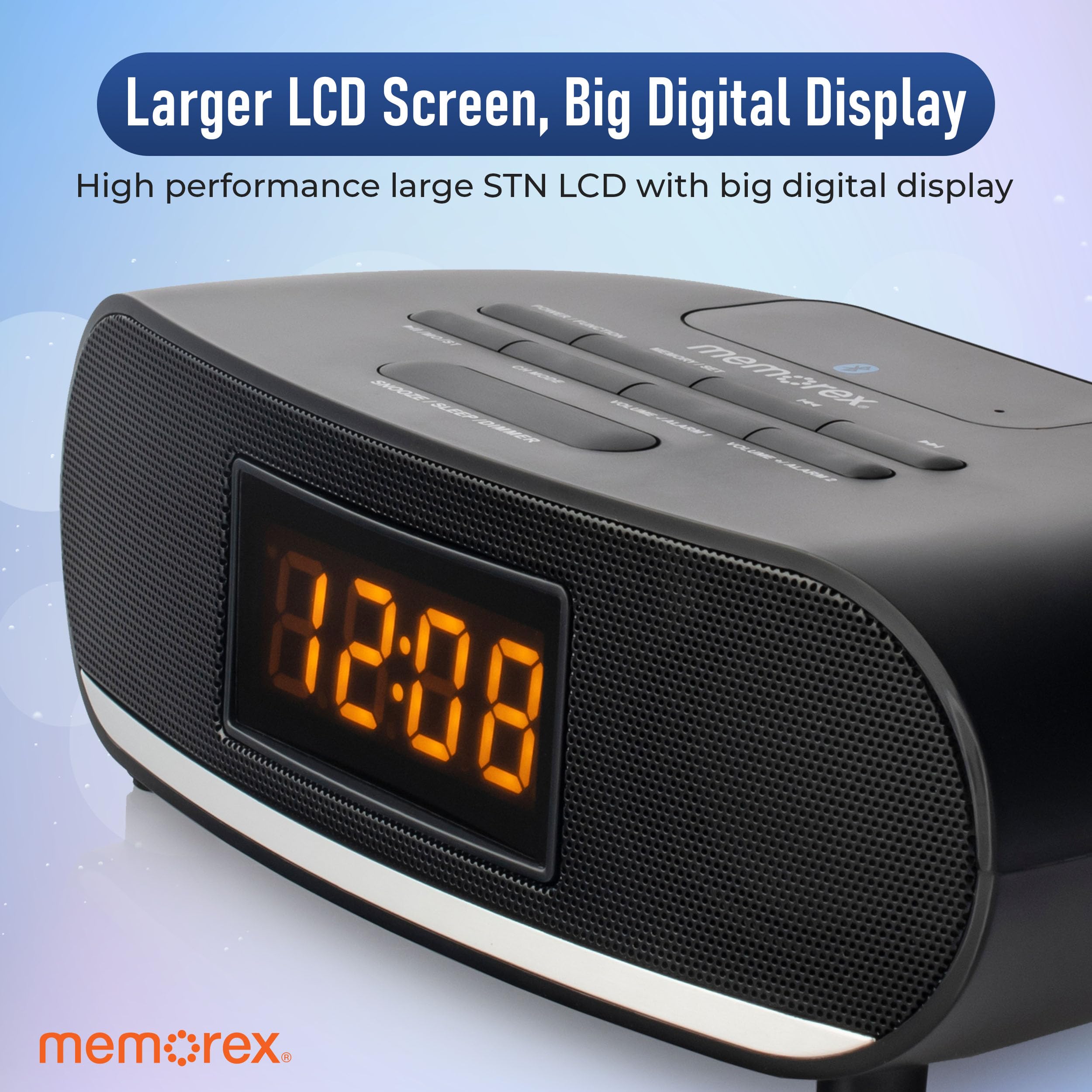 Memorex MX-CR160 - Radio reloj Bluetooth con carga USB, radio FM PLL con 20 preajustes, alarma dual, repetición, temporizador de sueño, pantalla LED de 0.9 pulgadas, respaldo de batería, reloj