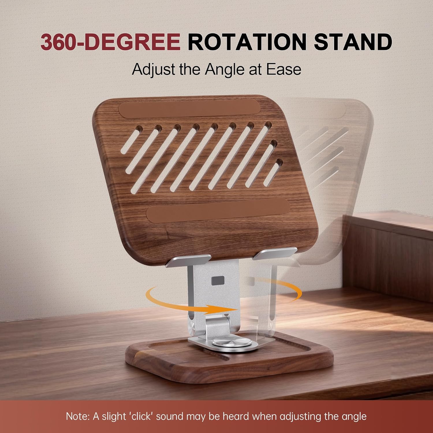 Walnut-Wooden Laptop Stand for Desk, Adjustable Height & Angle with 360° Aluminum Alloy Swivel Base, Wood Laptop Stand Compatible with MacBook Pro, All Laptops 10-17", Brown