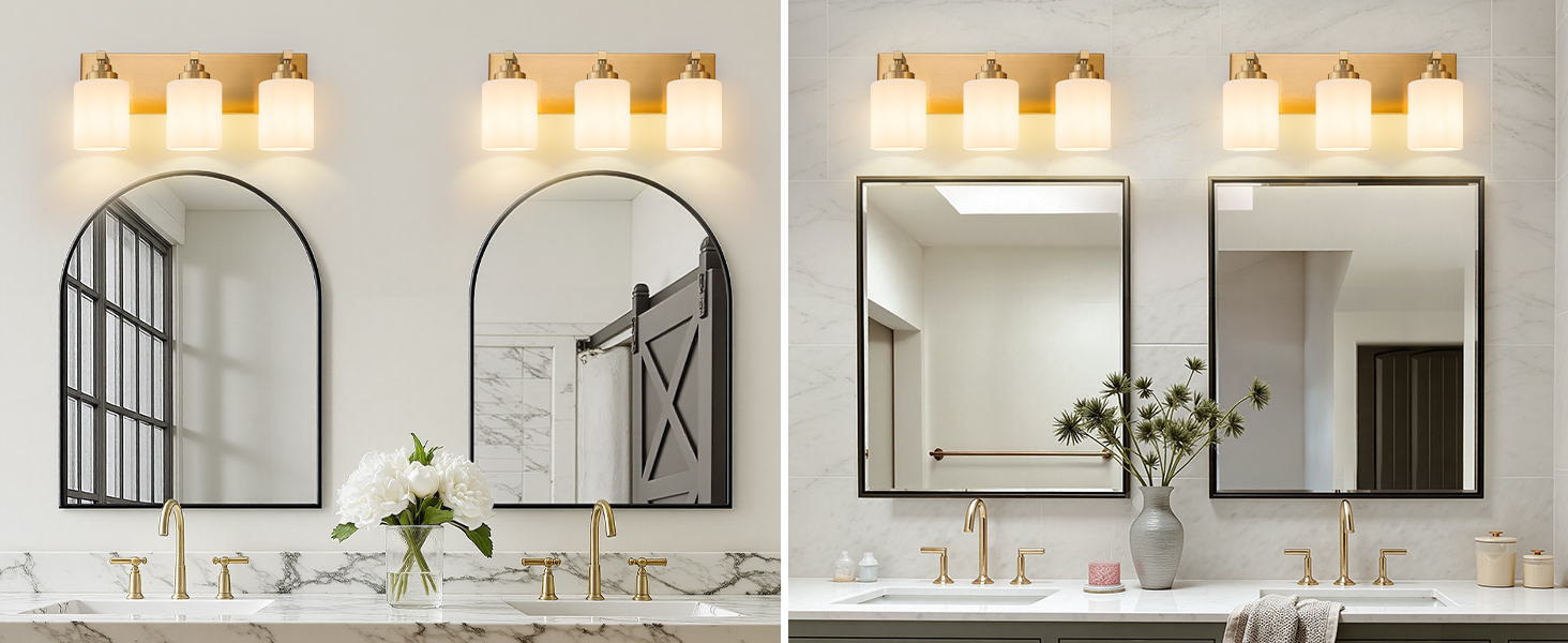 Image of Vanity Lights for Bathroom, 3-Light Brushed Gold Bathroom Vanity Light Over Mirror with Milky White Glass Shades, Modern Bathroom Light Fixtures for Living Room Hallway Cabinet (Bulbs Not Included)