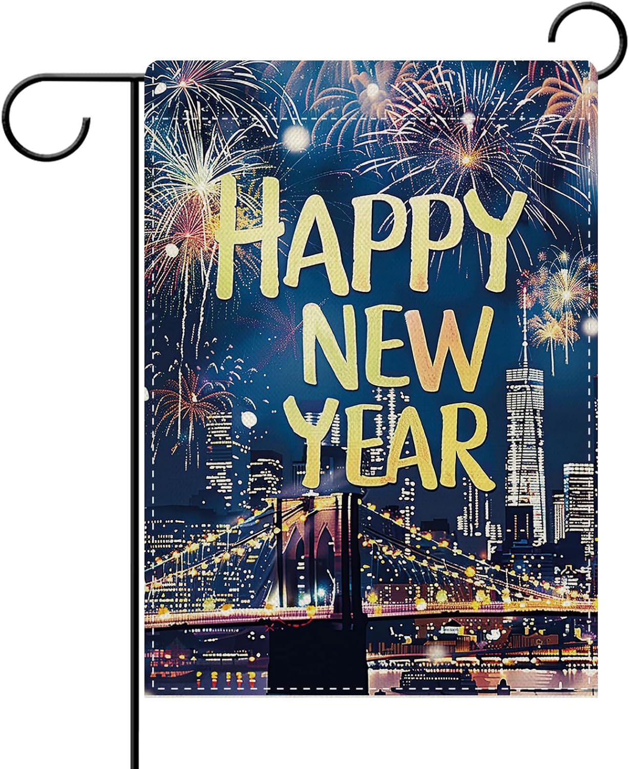 Dyrenson Happy New Year Eve 2026 Decorative Garden Flag, New York Cityscape Brooklyn Bridge Yard Outside Home Decoration, Colorful Fireworks Christmas Winter Outdoor Small Decor Double Sided 12 x 18