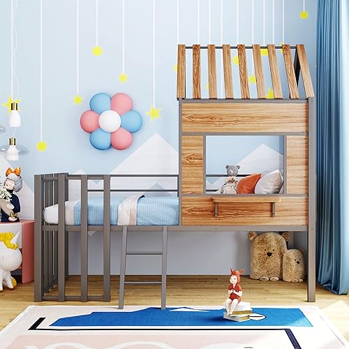 Miniatura 28 de Harper & Bright Designs Junoir - Cama tipo loft de metal tamaño individual para niños, cama baja con techo y escalera, cama tipo loft individual