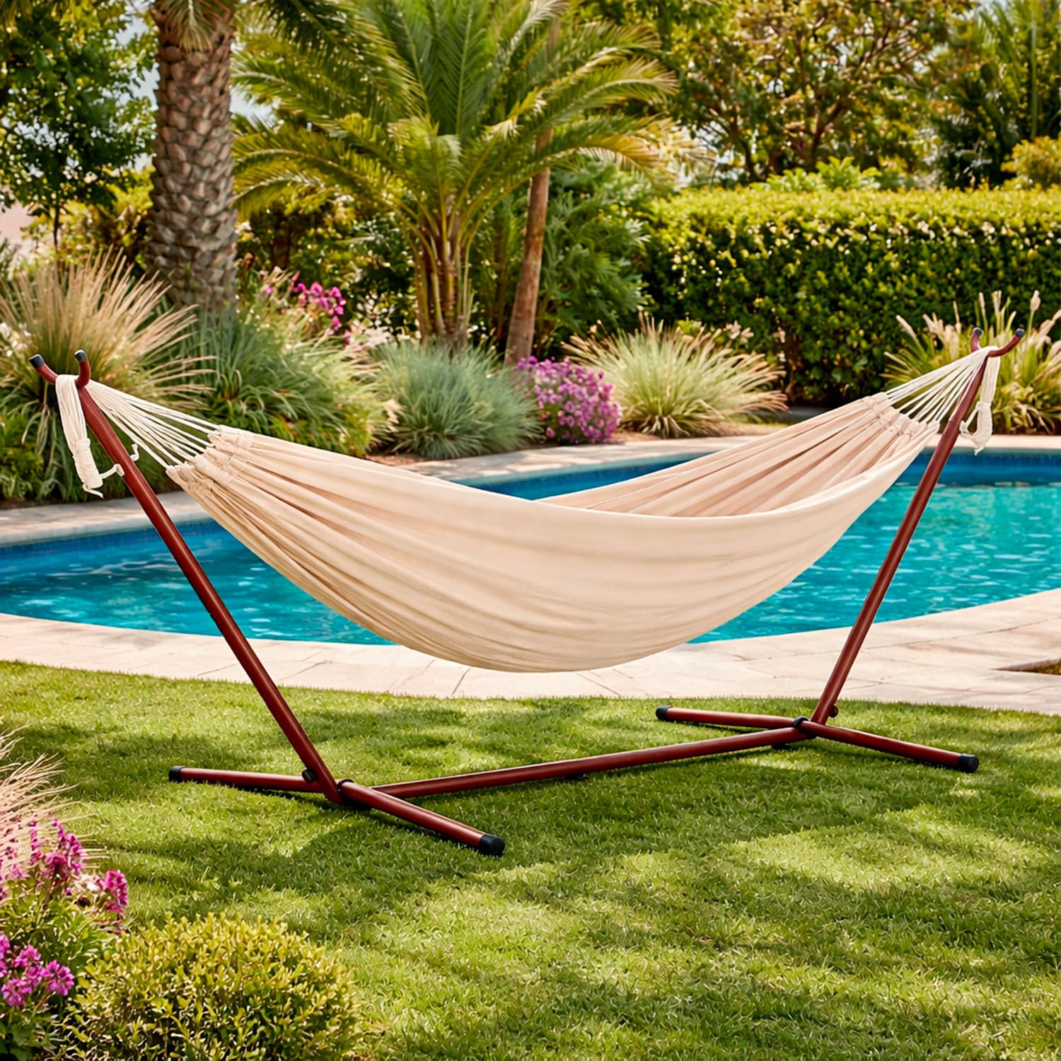 Amaca Da Giardino Con Supporto In Acciaio Portata 200 Kg Altezza Regolabile Telo Cotone Resistente Esterno Terrazzo Piscina Balcone Con Borsa Supporto Marrone 265 x 110 x 100 Cm Beige