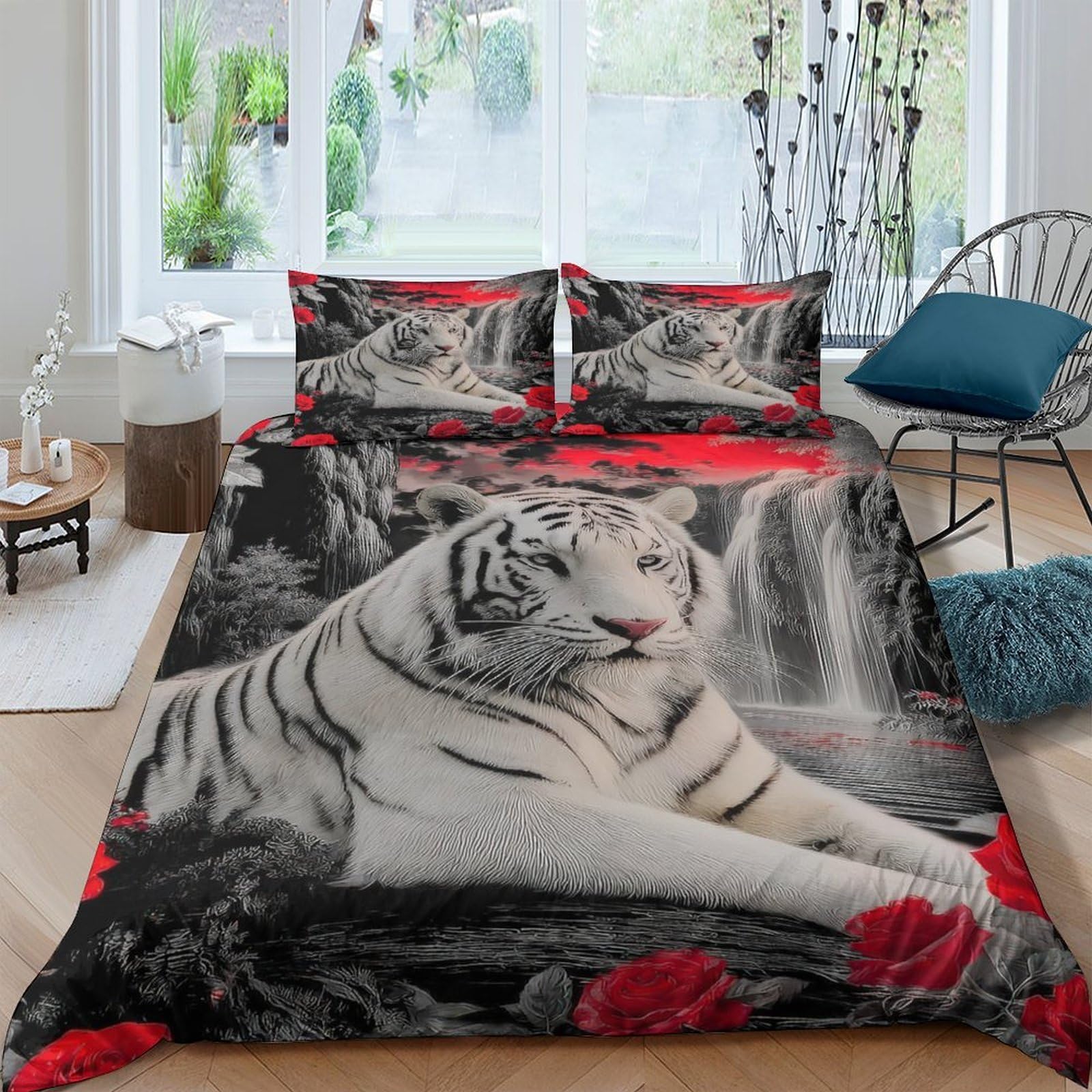 Ctjqhvkz Style-4 3D Printed White Tiger Fitted Sheet Microfiber Soft Red Rose Bed Cover For Bedroom Guest Room Decor Easy Care Single（135X200cm）
