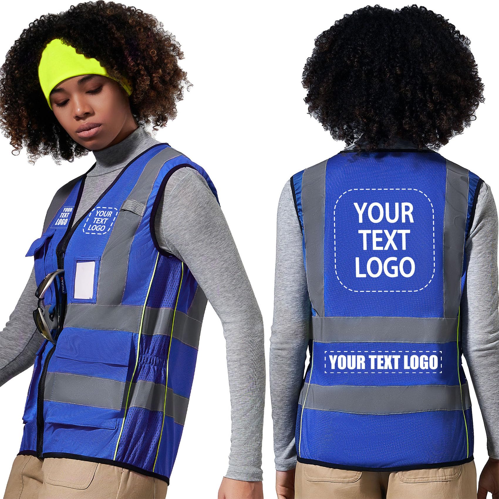 AYKRM personalised Blue Women Hi Vis Vests blue High Visibility Reflective Safety Security Vest with Pockets zipper
