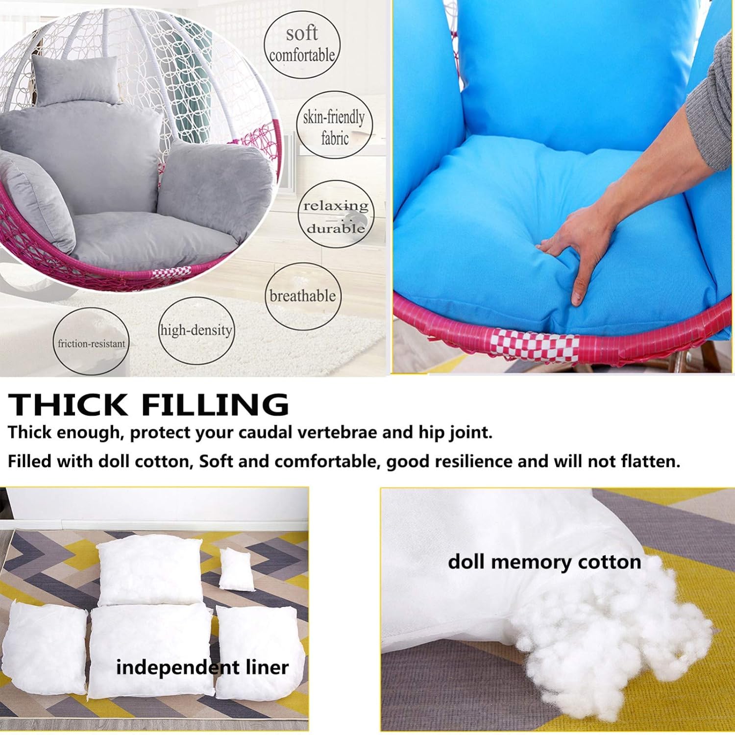 Egg Chair Cushion Only, Hanging Swing Chair Seat Cushion Replacement, Thicken Hanging Hammock Chair Cushion with Headrest and Armrests, Outdoor Garden Chair Pads Triang HGTRH