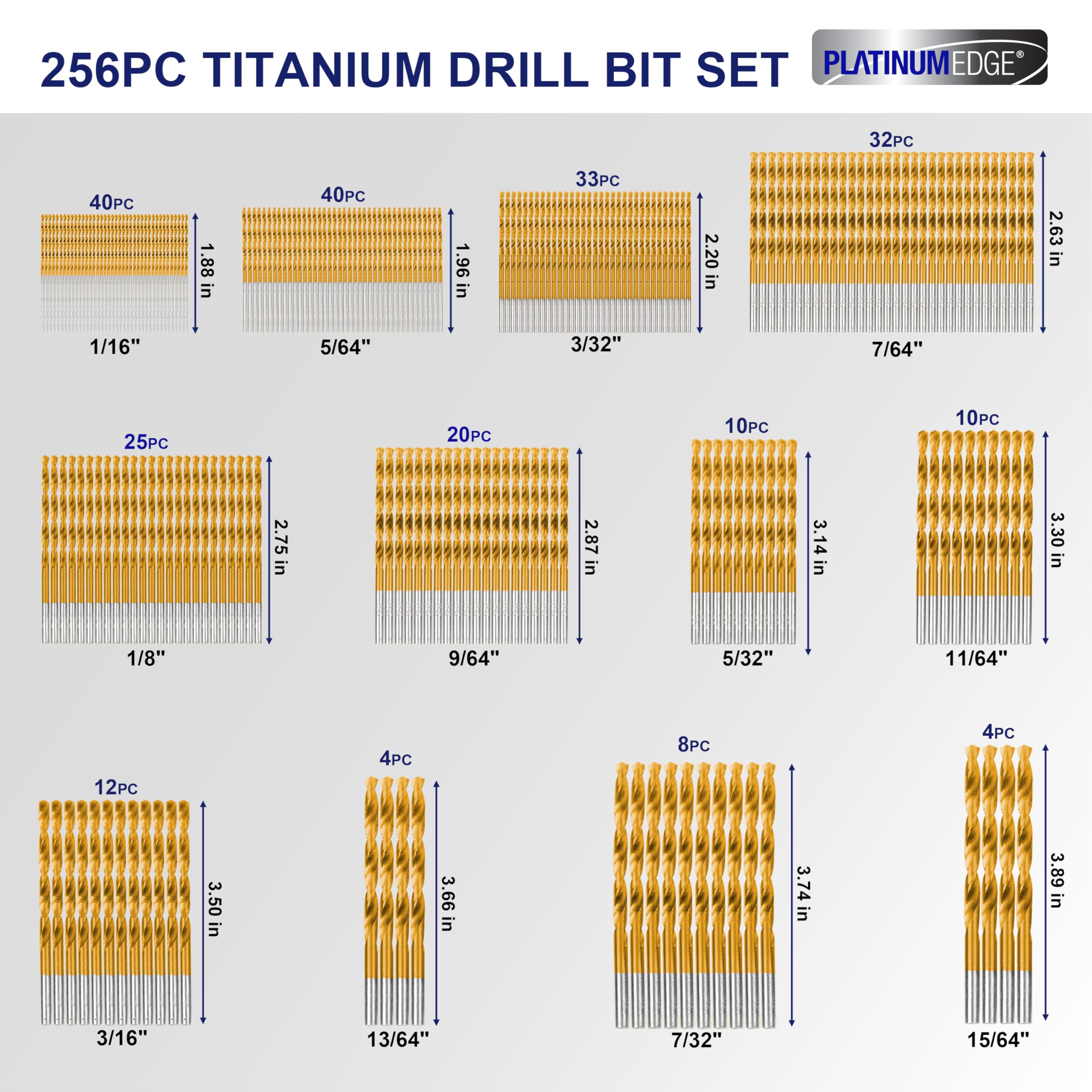 Juego de 276 brocas helicoidales de titanio con puntas S2 de acero de alta velocidad de 135°, tamaño de 1/16 pulgadas hasta 1/2 pulgada, ideal para madera, hierro fundido, aleación de aluminio, fibra