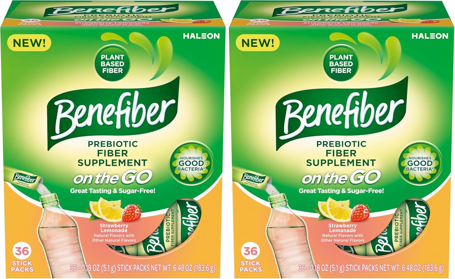 Benefiber Fiber Supplement, Strawberry Lemonade, On The Go Stick Packs, 36 Count (Pack of 2)