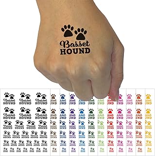 Basset Hound Dog Paw Prints Fun Text Temporary Tattoo Water Resistant Fake Body Art Set Collection - Yellow (One Sheet)