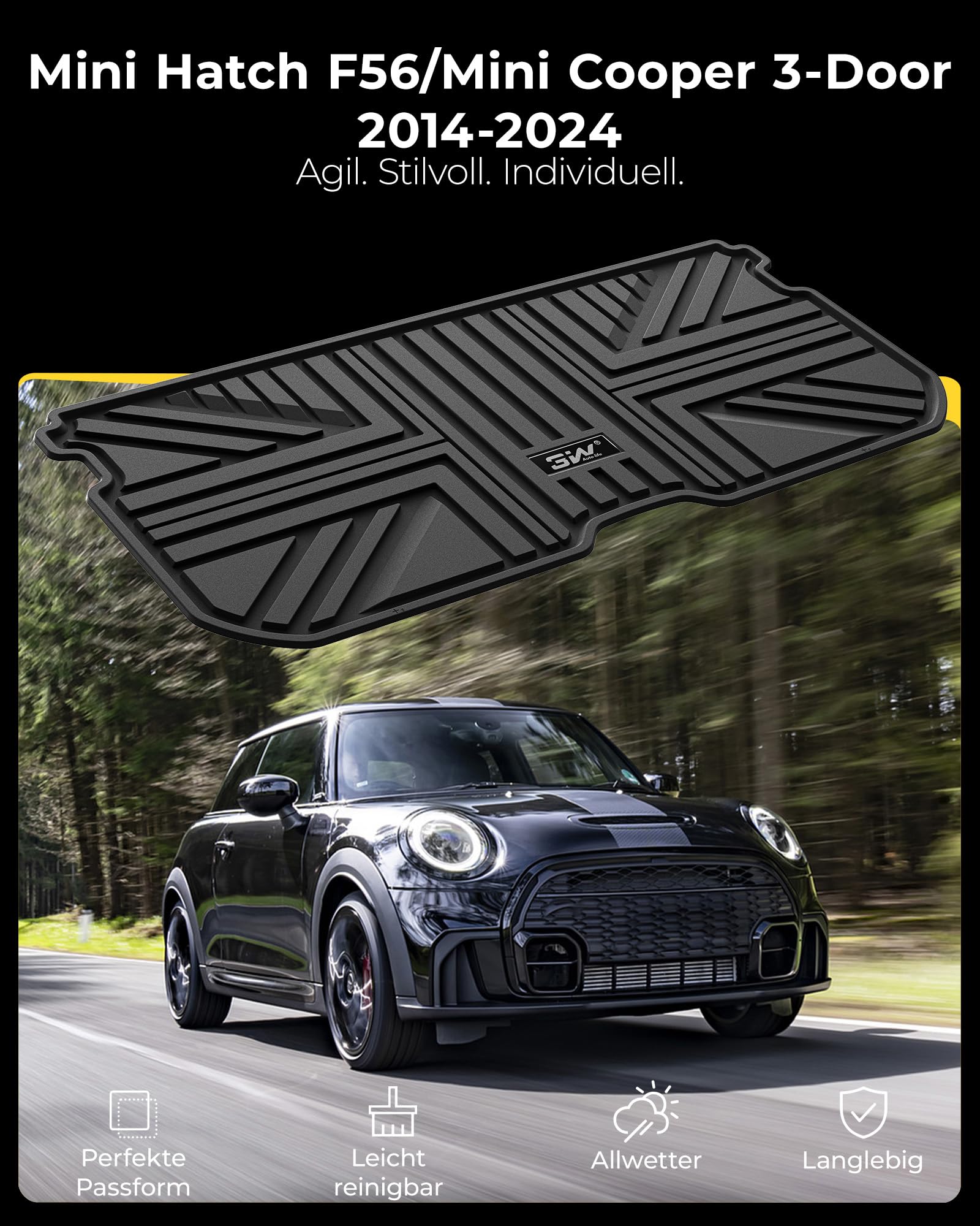3W Kofferraumwanne für 2015-2026 Mini Hatch F56/Mini Cooper F66 3-Türer | Oberer und Unteres Ladeboden | TPE Thorex™ Allwetter | 3D Maßgeschneiderte Passform | Hundefreundlich Zubehör | Wasserdicht