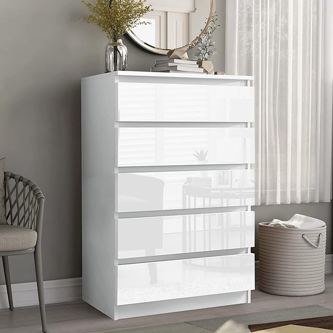 Blisswood High Gloss Chest of Drawer, 5 Drawer Bedroom Chest of Drawer ...