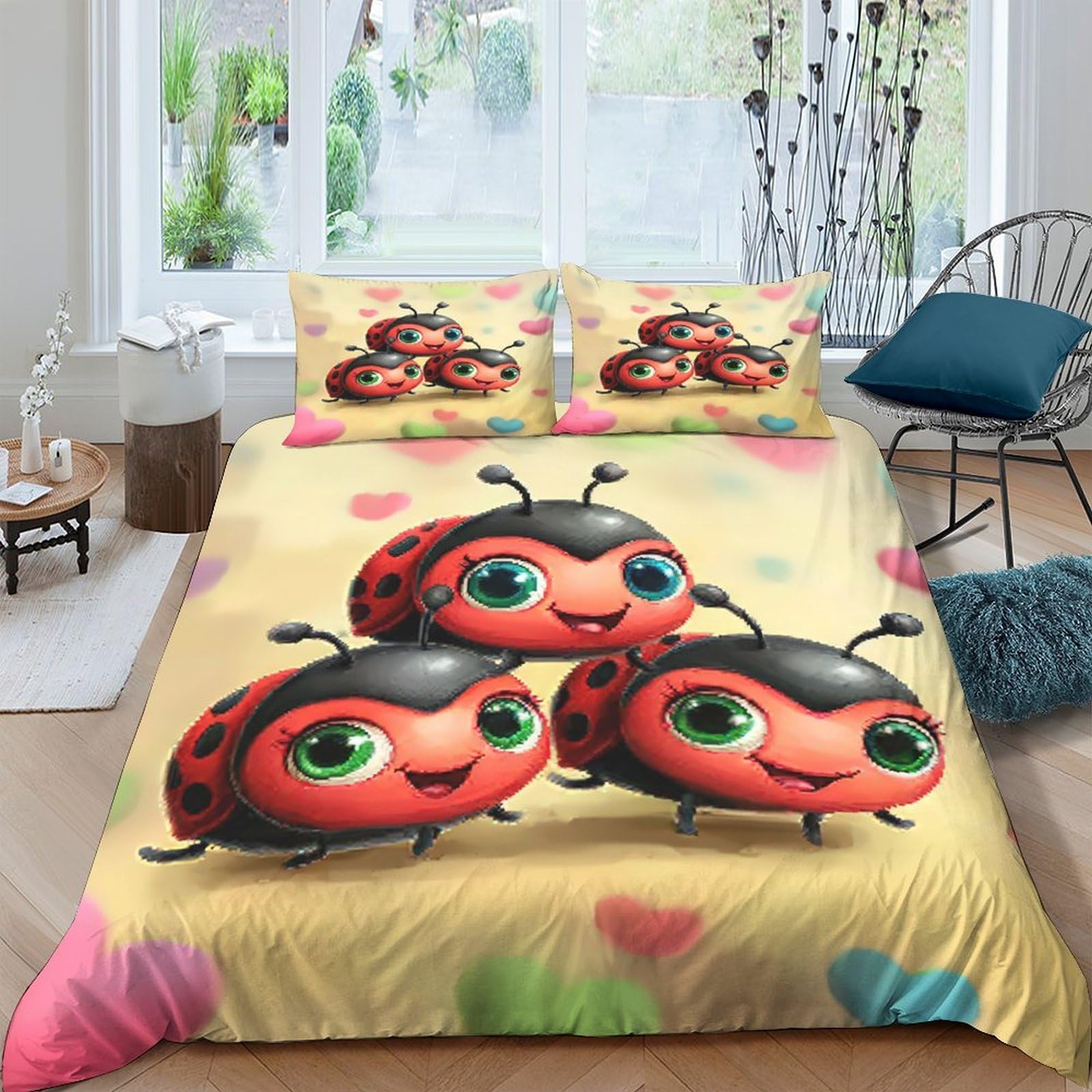 Ctjqhvkz Style-9 3D Printed Cute Ladybug Fitted Sheet Microfiber Soft Anti-Slip Cartoon Heart Mattress Cover For Bedroom Dorm Easy Care Single（135X200cm）
