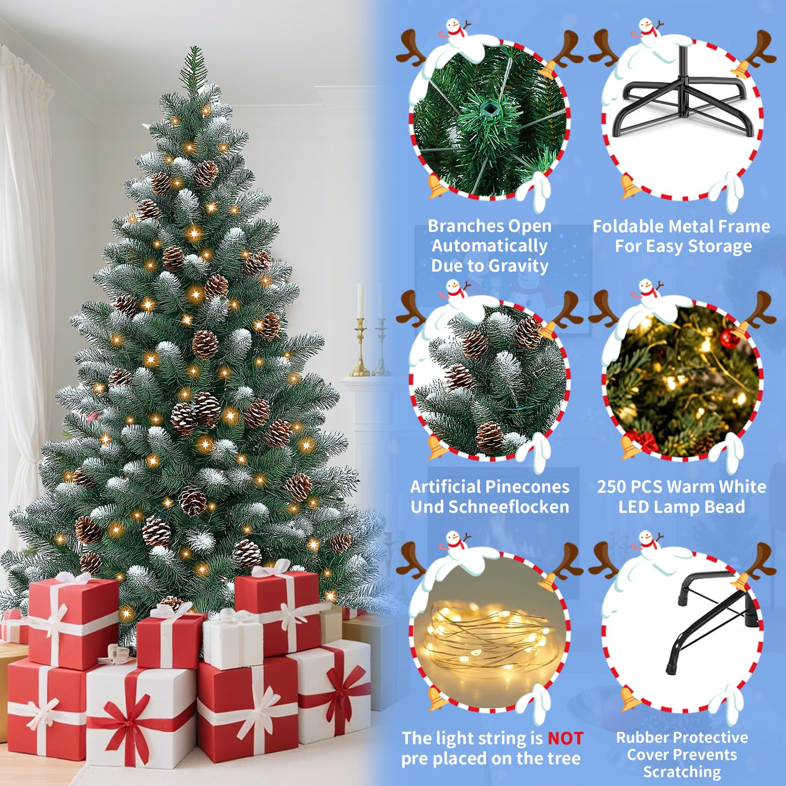 Sapin De Noël Artificiel 180 Cm Kidsgigglz - Avec Neige Et Pommes De Pin, 550 Branches, Support Métal - Pour Intérieur/extérieur, Réutilisable