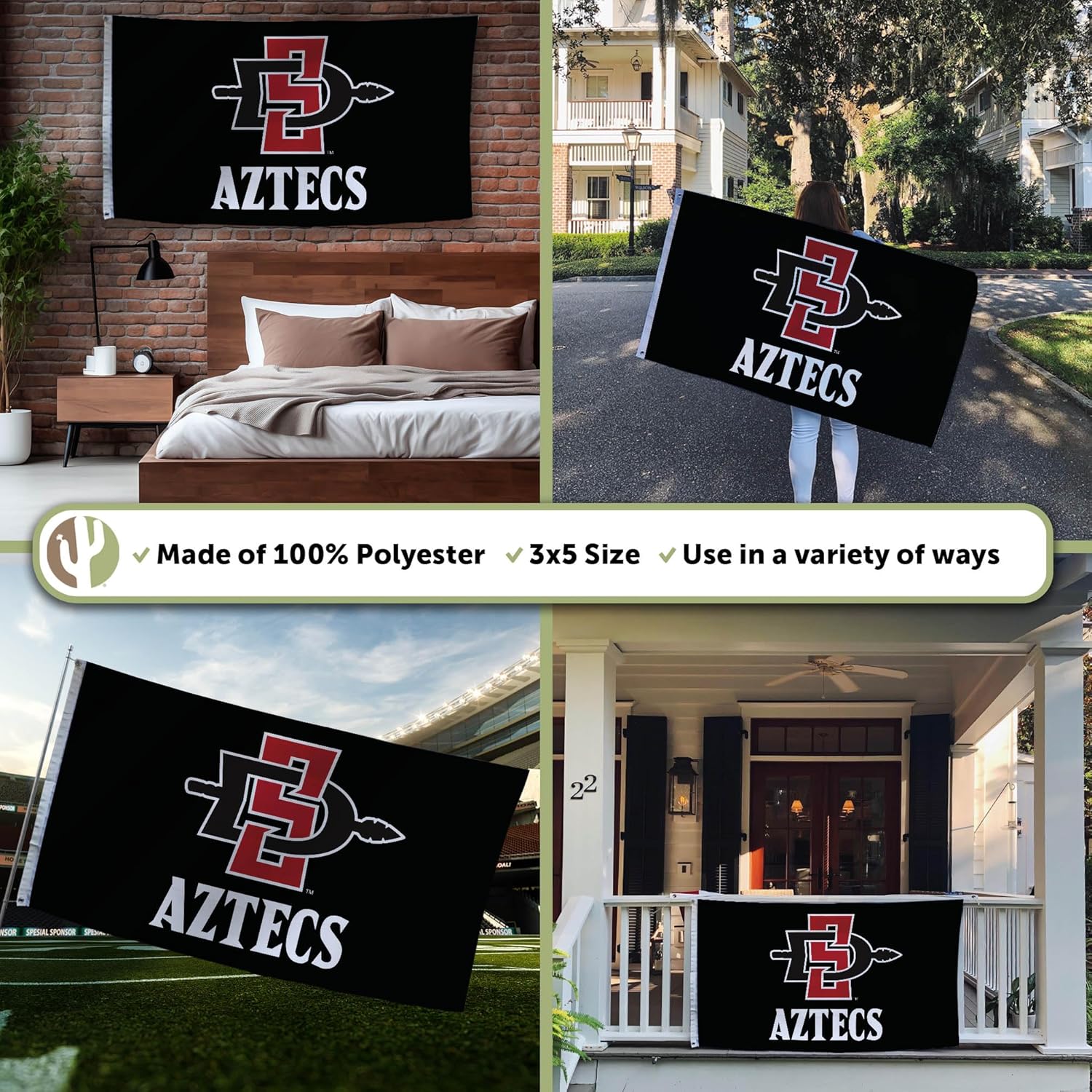 Desert Cactus San Diego State University SDSU Flag - 3 x 5 Feet Aztecs Banner, Indoor/Outdoor Durable Fabric, 100% Polyester Design (Style 8) - Image 3