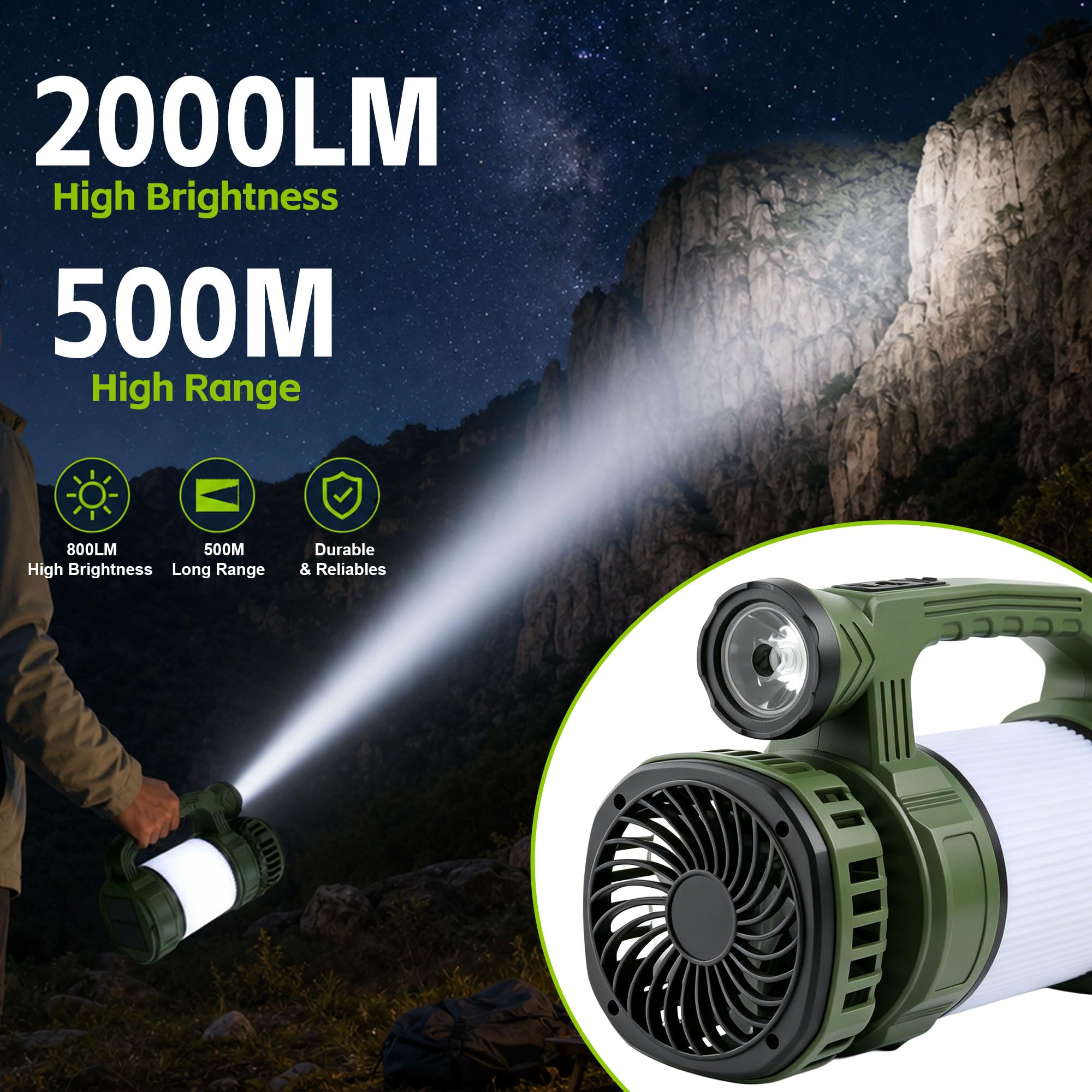 Linterna LED recargable de camping con foco de linterna, 1000 lúmenes, 3600 mAh, carga solar y USB, cabezal giratorio de 100°, resistente al agua, verde