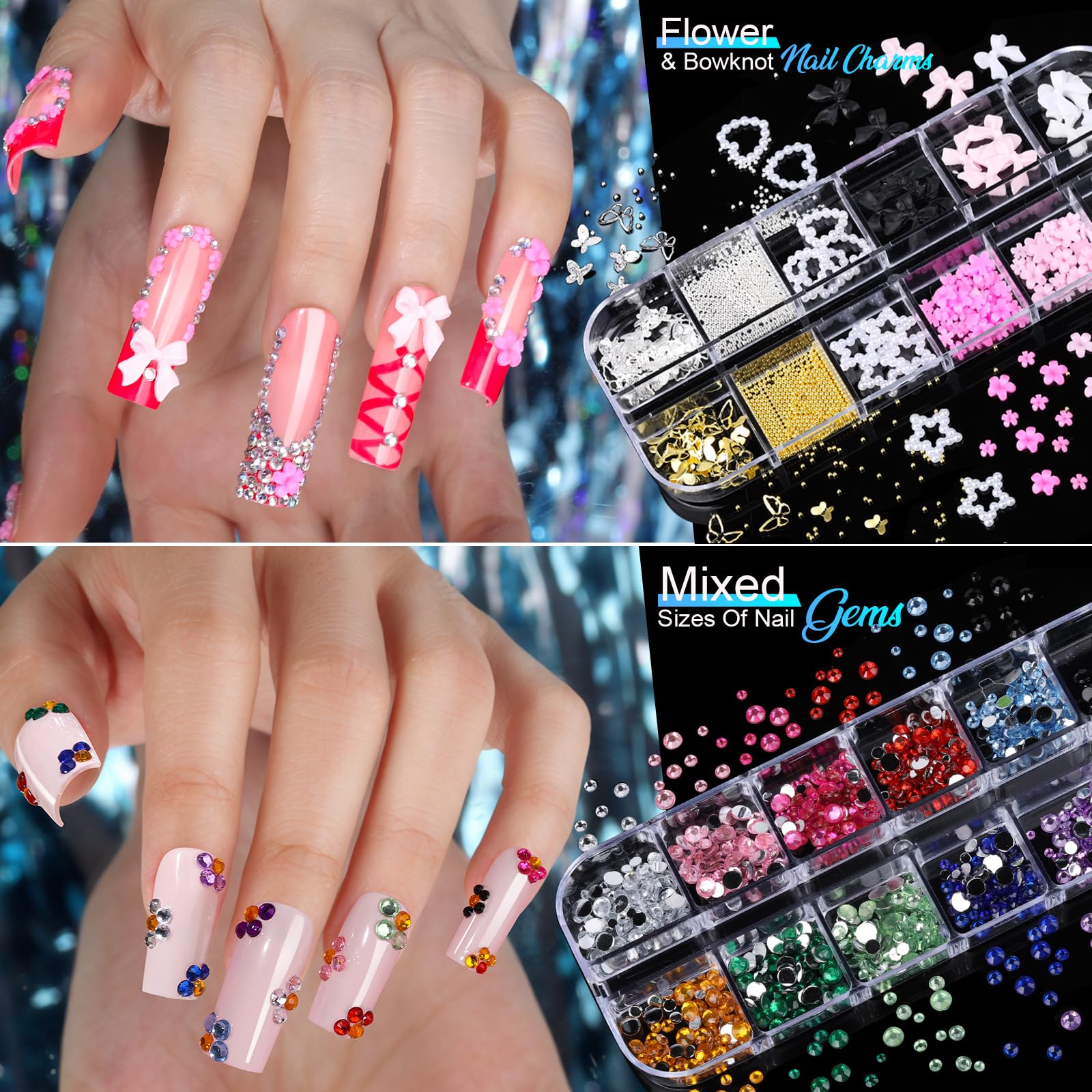 Dijes de uñas para kit de arte de uñas, 8 cajas de diamantes de imitación para uñas, perlas para uñas con 20 hojas de calcomanías de arte de uñas, dijes de uñas dorados 3D y gemas suministros 3