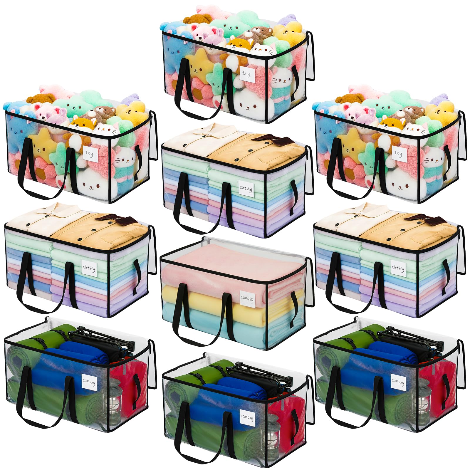 Dntorx 10 Stück 90L Große Aufbewahrungstasche mit Deckel, Transparente Umzugskartons Groß mit Reißverschlüssen Griff Weihnachtslager für Weihnachtsbaum Tasche Umzug Bettwäsche Kleidung Aufbewahrung