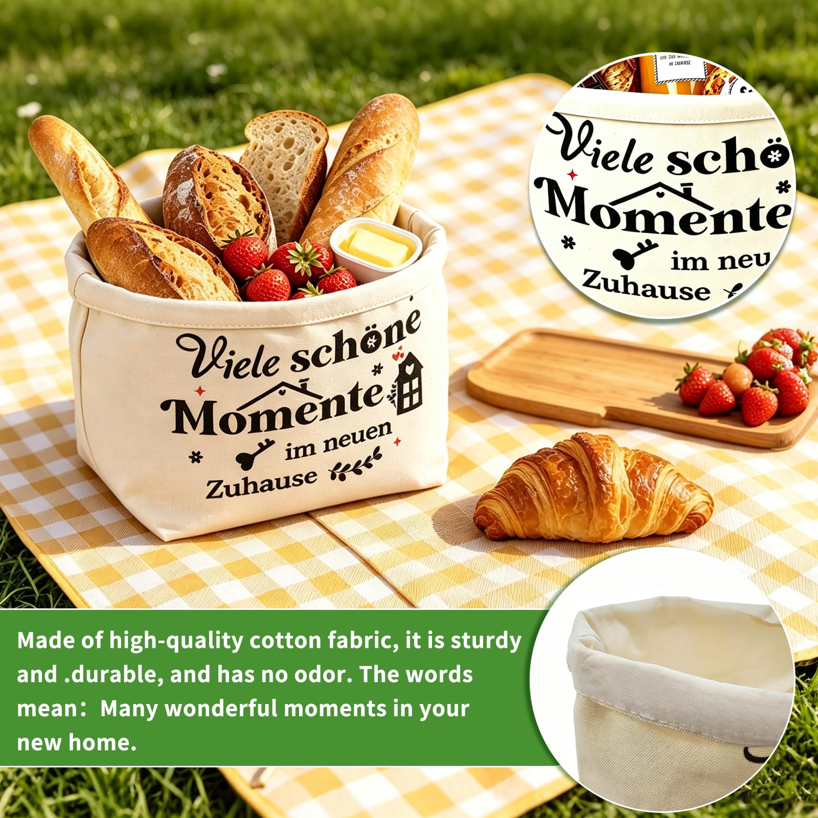 Einzugsgeschenk Set, Geschenk zum Einzug Haus Brot und Salz, Brotkorb mit Holz Schneidebrett, Geschirrtuch, Kochlöffel, Aufklebern, Einweihungsgeschenk für Haus, Wohnung, Mit Aufklebern und Karten