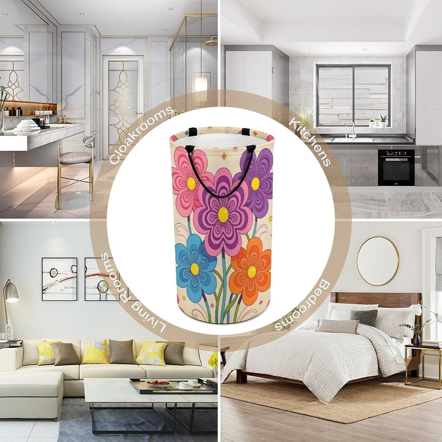 Vintage Groovy Flowers Laundry Hamper with Handles Waterproof Collapsible Laundry Basket Large Lightweight Round Dirty Clothes Hamper for Home Dorm Bathroom Decor