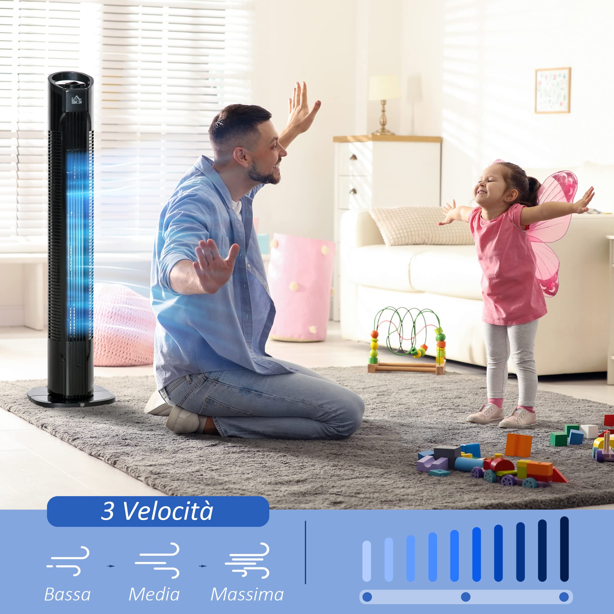 HOMCOM Ventilatore a Torre Moderno 3 Velocità con Oscillazione 70°, Ventilatore a Colonna con Piantana Rotonda e Maniglia, Potenza 50W, in PP, Ø20x78.5cm Nero