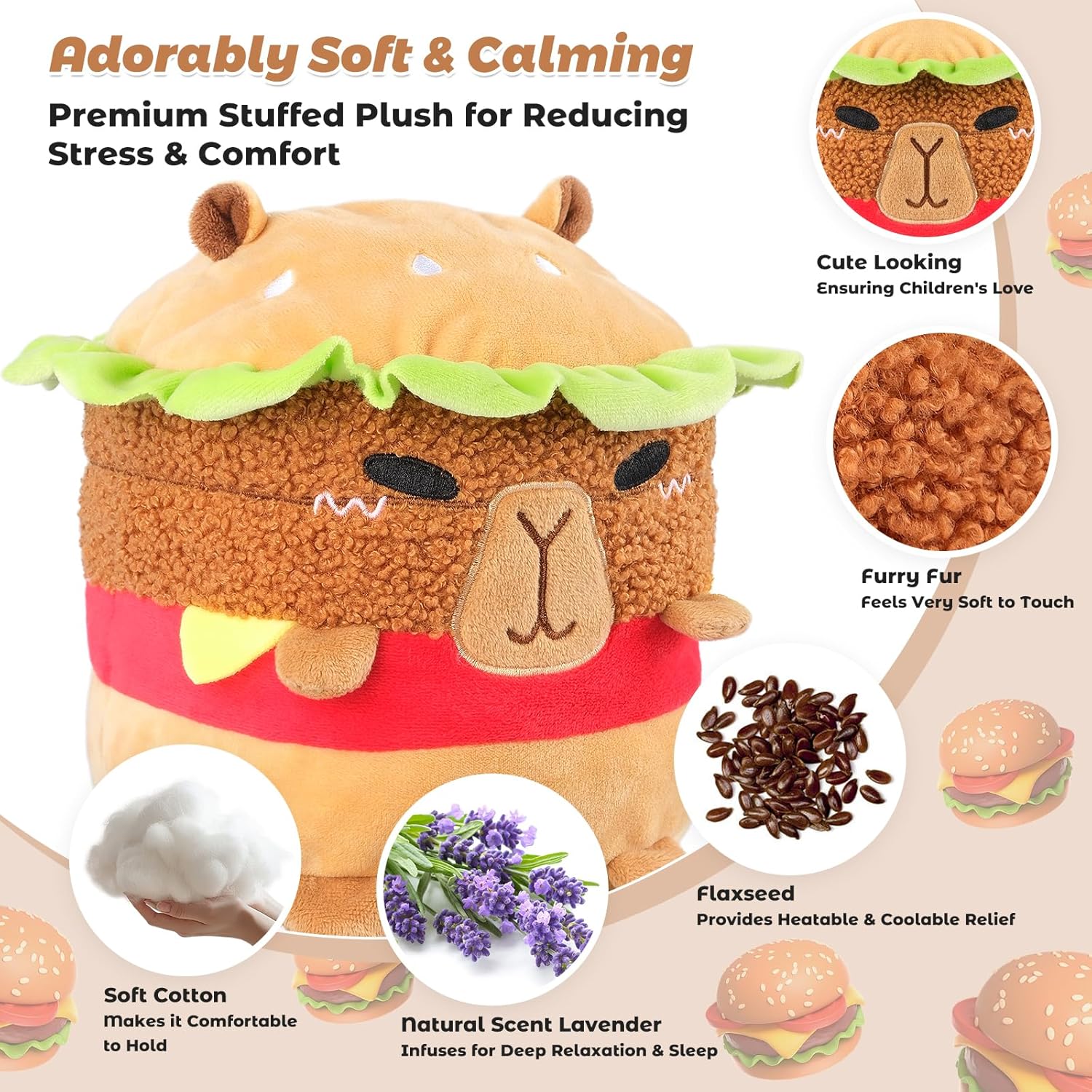 Microwavable & Coolable Hamburger Capybara Stuffed Animal – Heating Pad for Period Cramps Relief Muscle Pain & Anxiety Cute Capybara Plush Toy for Comfort & Warmth Gifts for Adults & Kids - Image 2