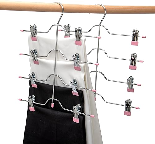 Miniatura 6 de Perchas de metal sólido para faldas de 4 niveles para pantalones cortos, perchas para ahorrar espacio con clips ajustables, agarre antideslizante