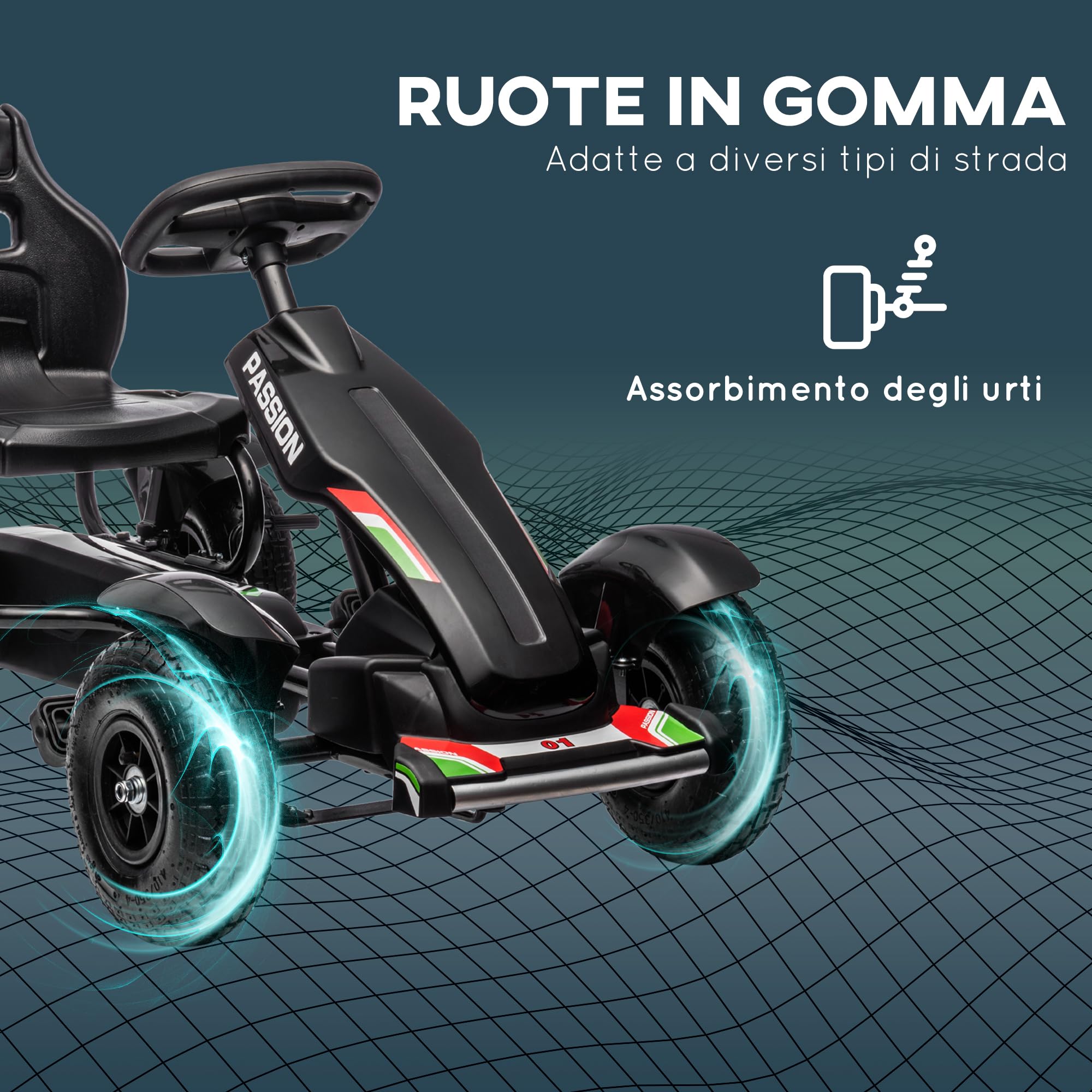 HOMCOM Go Kart per Bambini 5-12 Anni, Kart a Pedali in Plastica e Metallo, Sedile Regolabile, Freno a Mano, Retromarcia, 121x58x61 cm, Nero